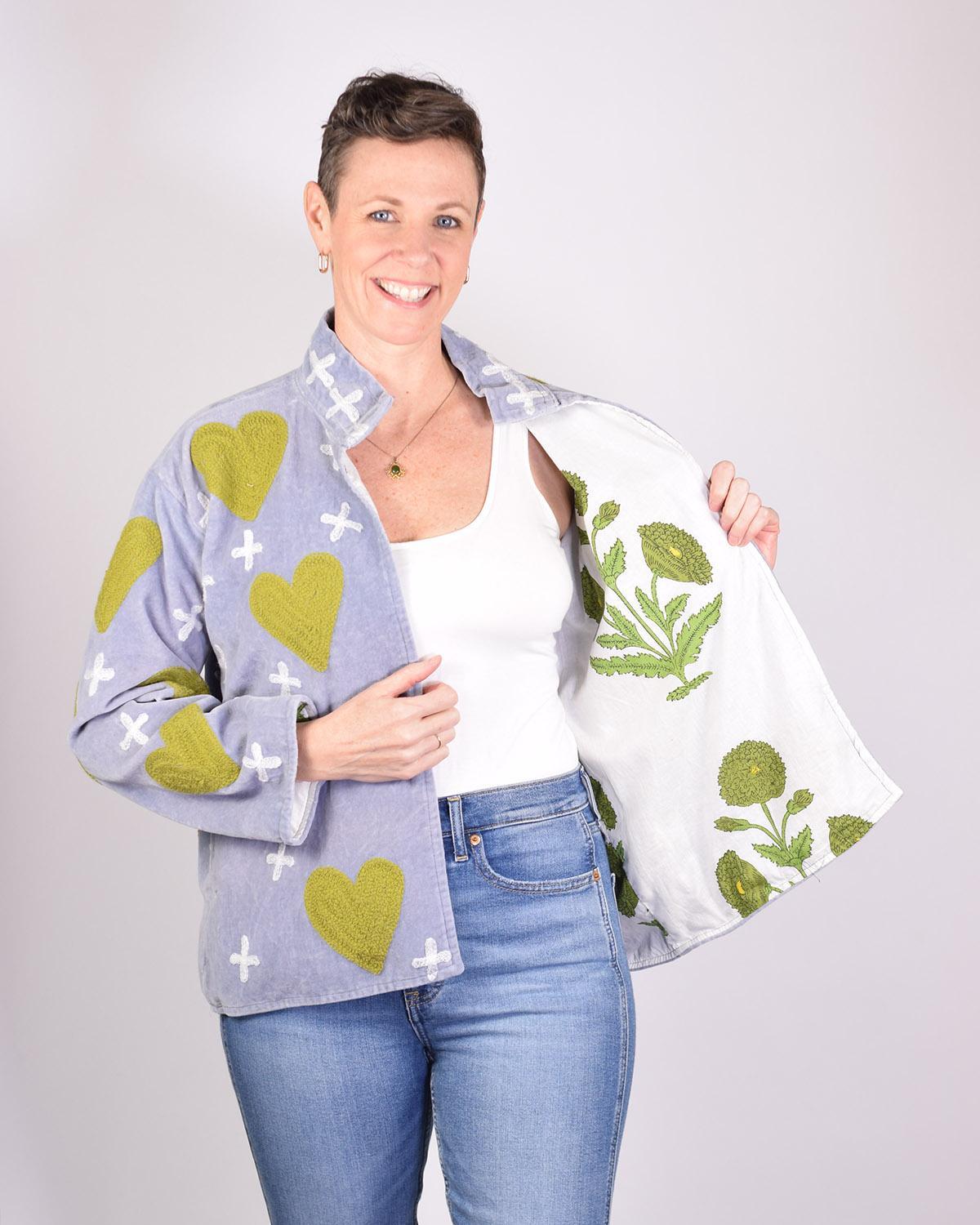 Txtile Light Gray Velvet Jacket with Embroidered Moss Green Hearts