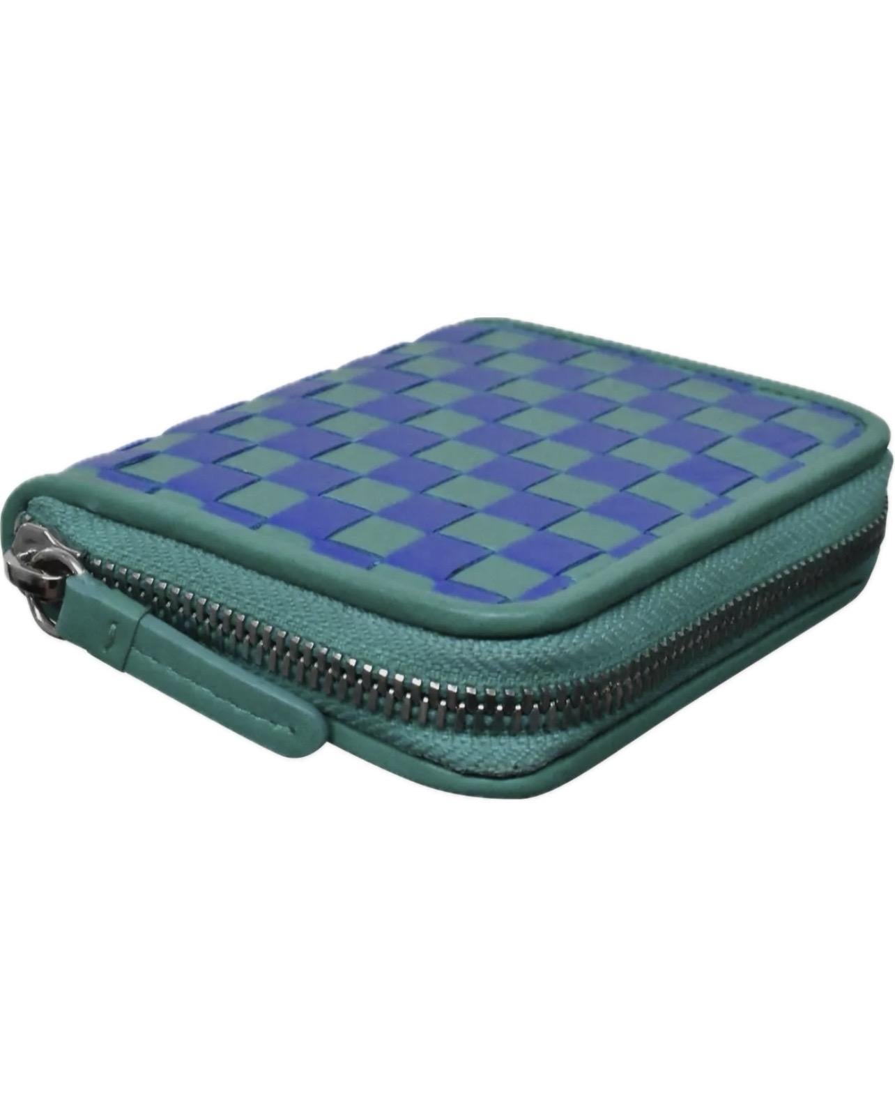 ili Leather Checkerboard Zip Around Wallet in Aqua Cobalt