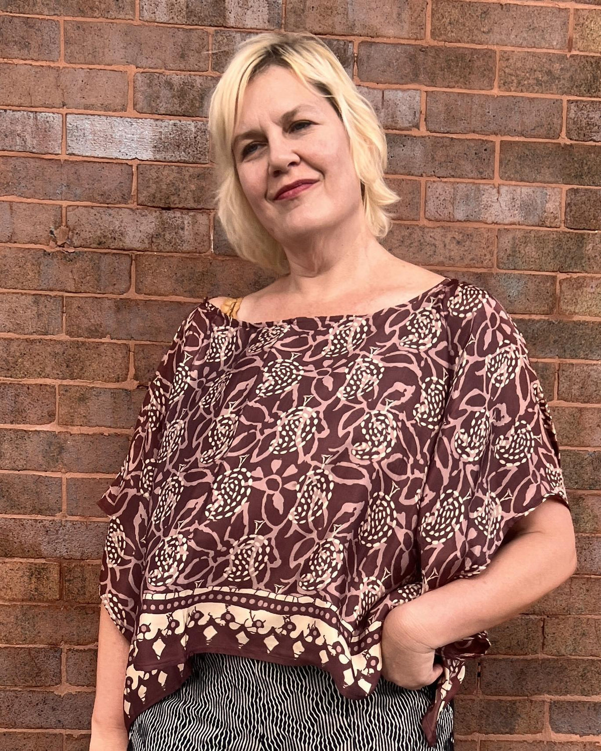 Indie Ella Tessa Flowy Silk Top in Plum and Cream Batik Print