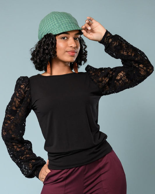 Squasht Roxie Top in Black with Floral Lace Sleeve