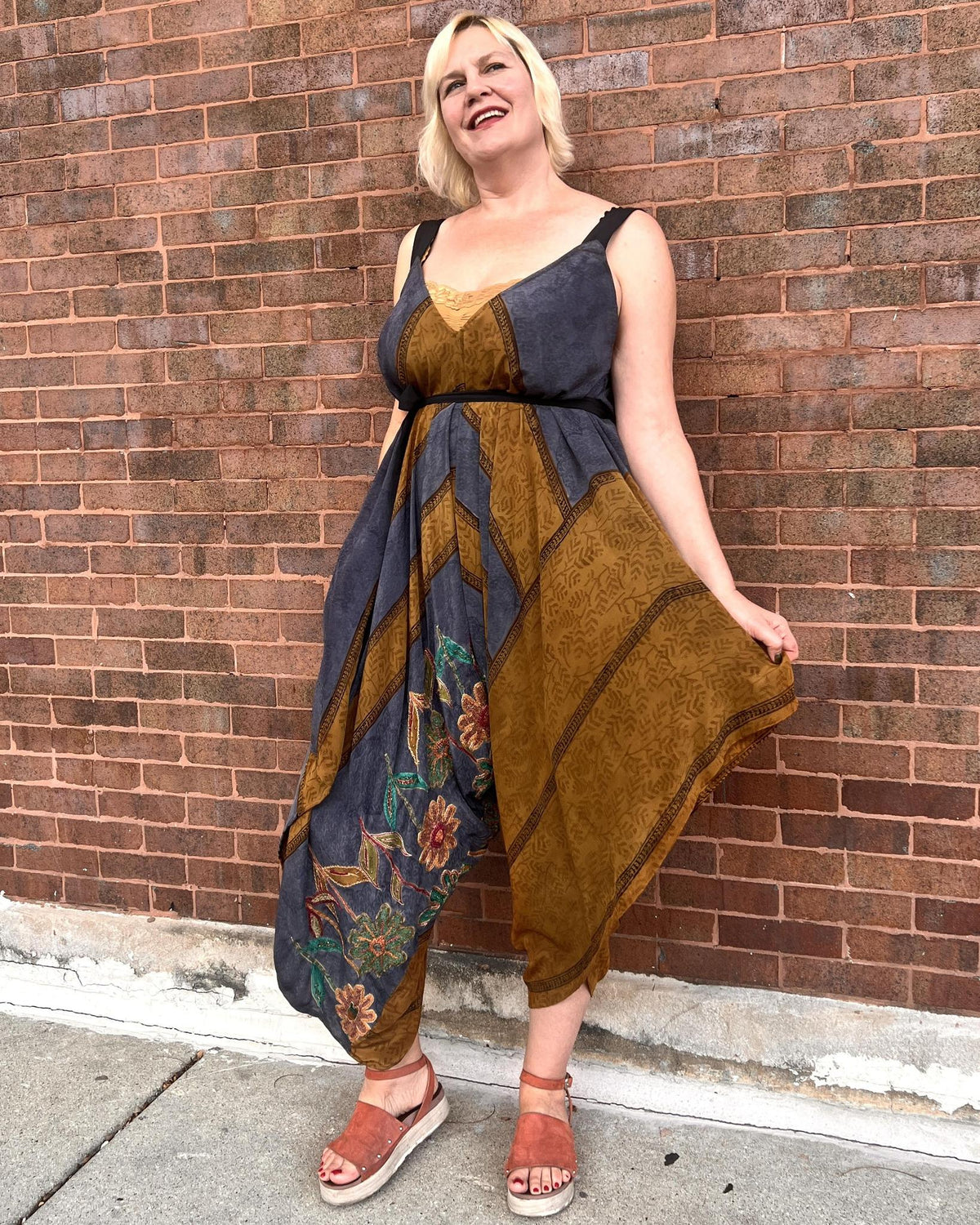 Indie Ella Zatanna Boho Silk Jumpsuit in Slate & Earth