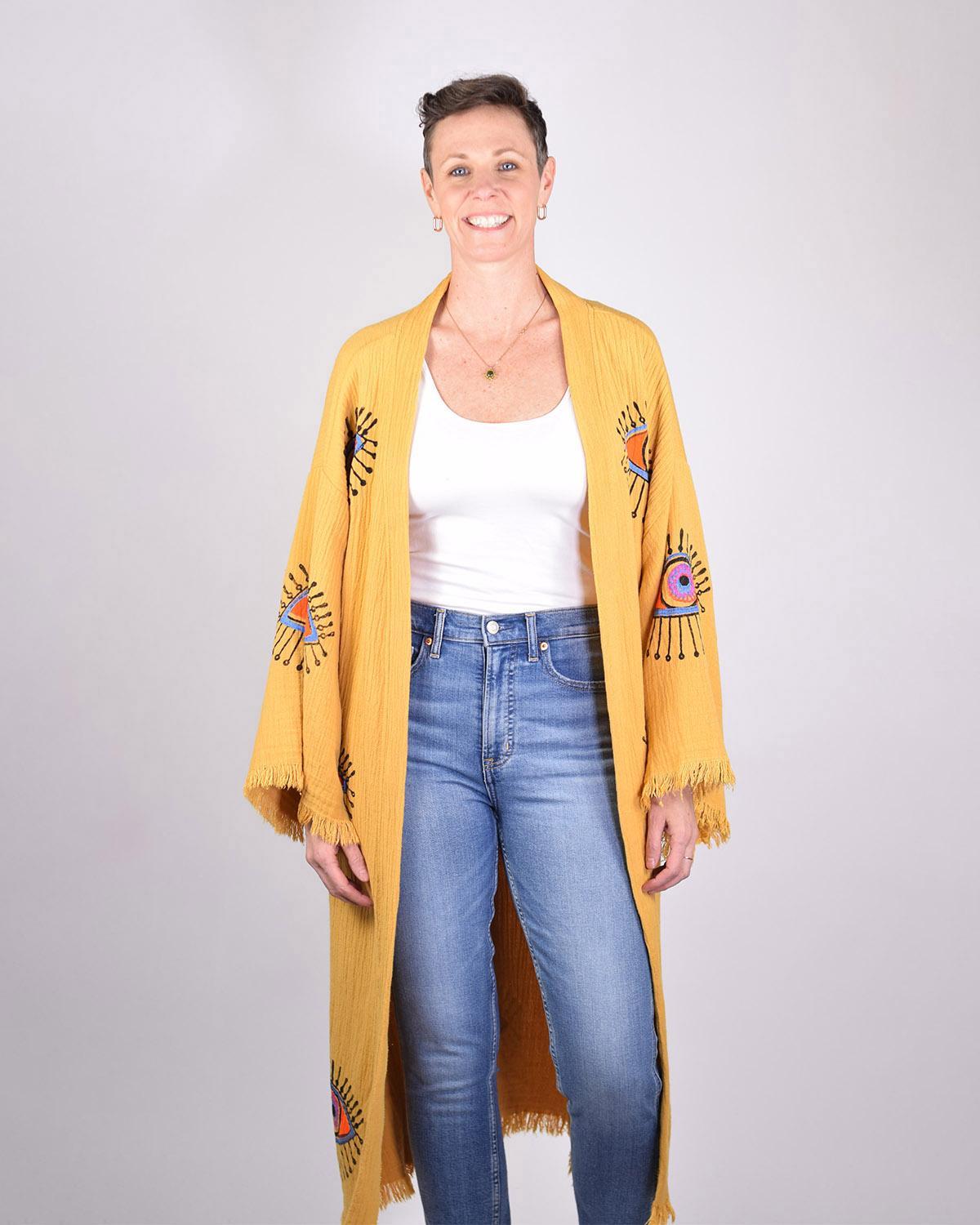 Txtile Luxury Turkish Cotton Evil Eye Kimono/Robe - Yellow Ochre