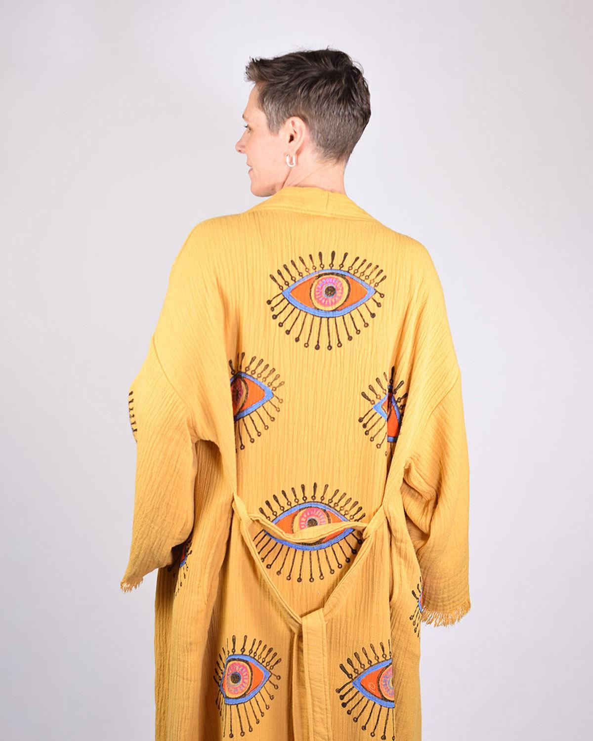 Txtile Luxury Turkish Cotton Evil Eye Kimono/Robe - Yellow Ochre