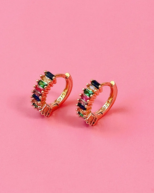 Golden Hour Rainbow Gem Huggie Earrings - Silver & Gold