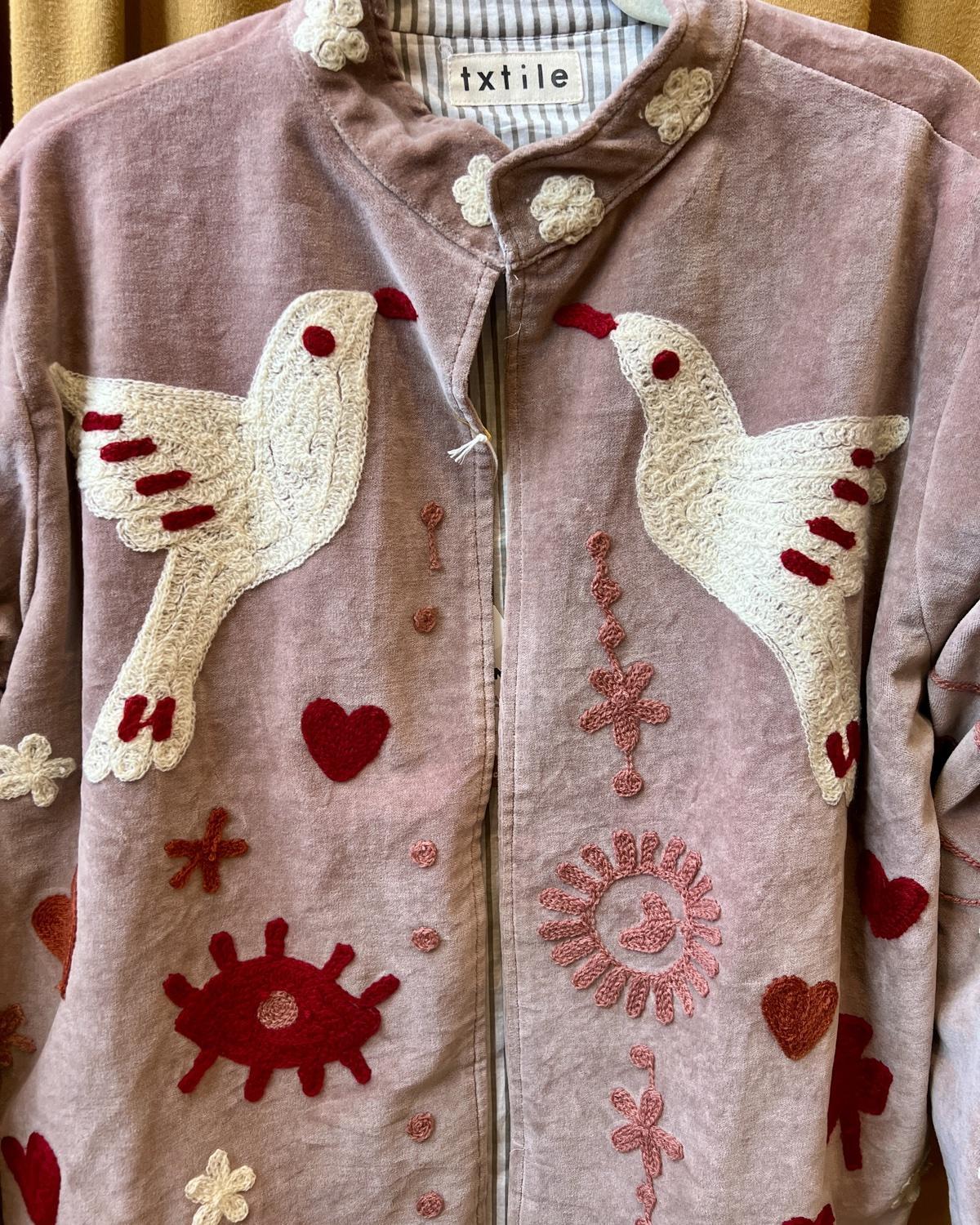 Txtile Blush Pink Velvet Jacket with Embroidered Dove Design