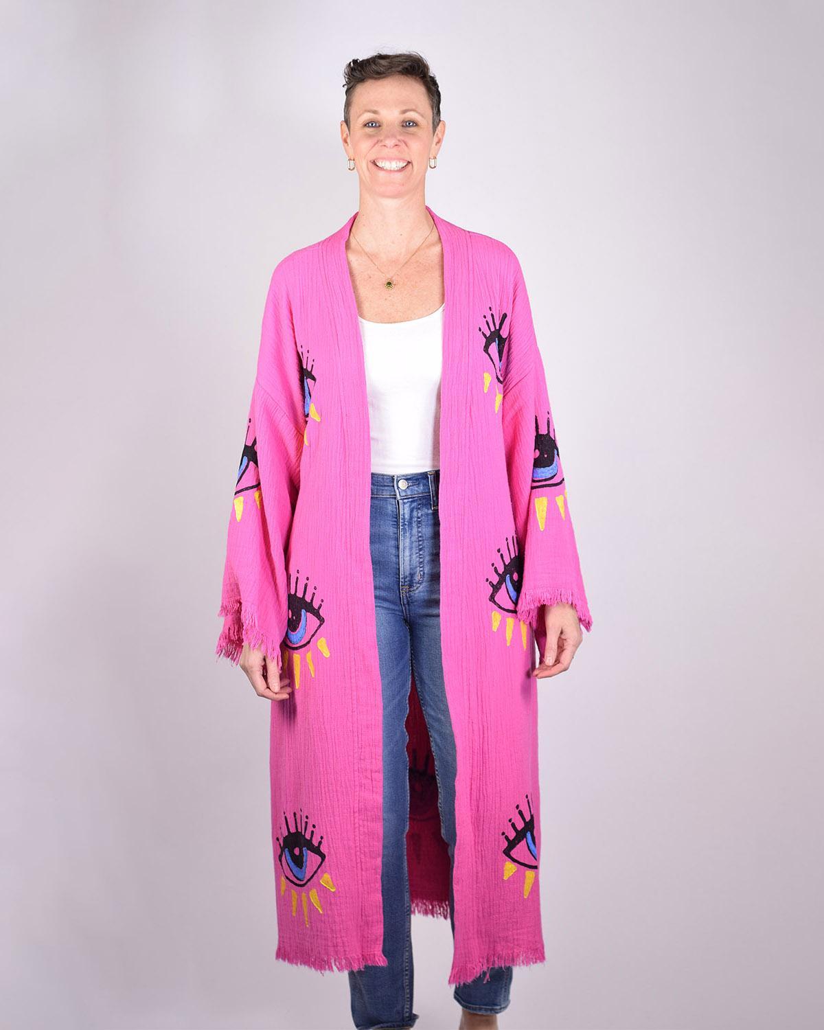 Txtile Luxury Turkish Cotton Evil Eye Kimono/Robe - Pink Dahlia