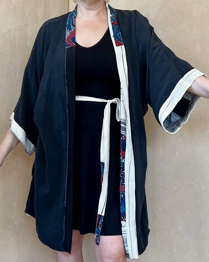 Indie Ella Double Flannery Black Silk Lined Reversible Kimono in Whiteout