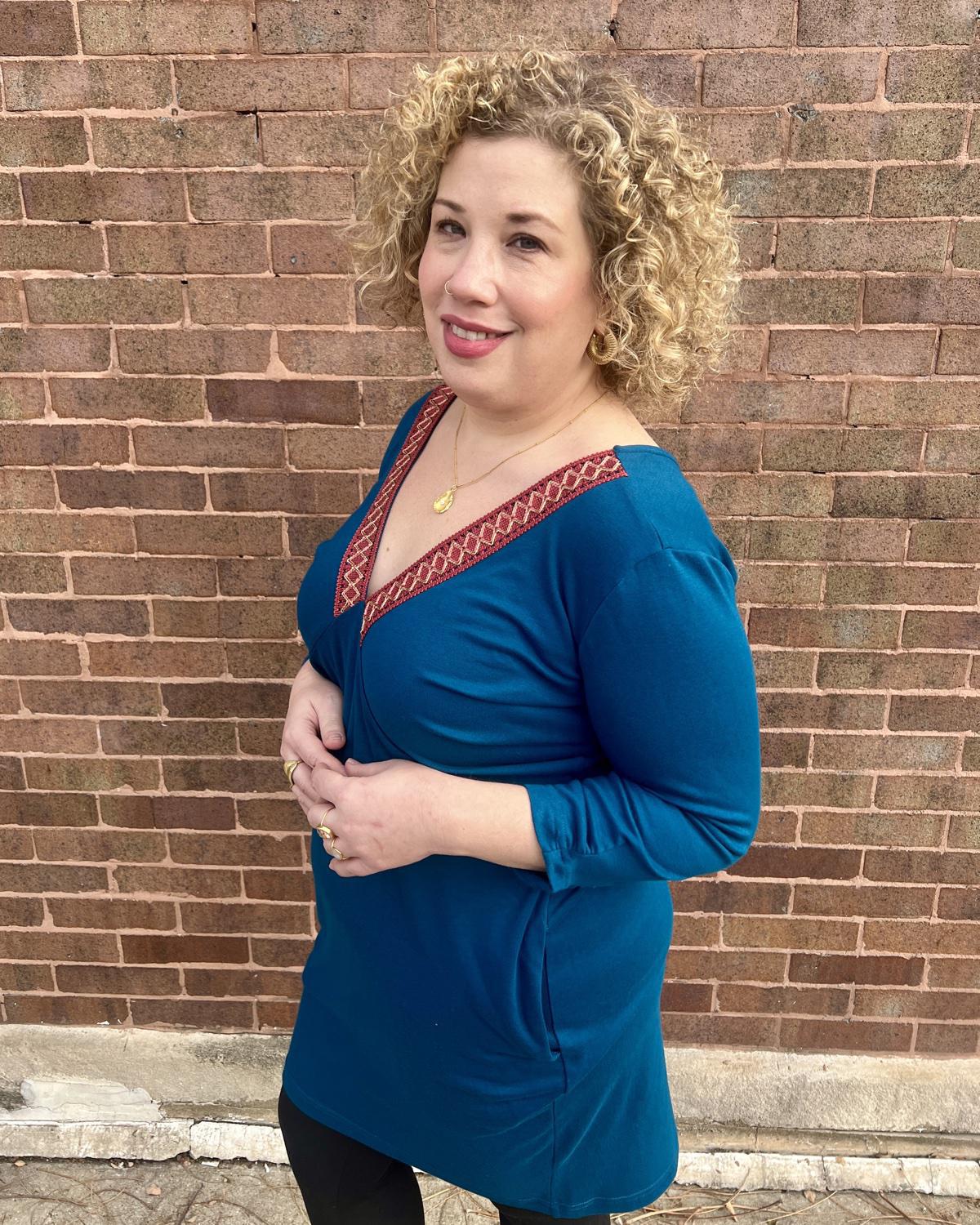 Squasht Drea Draped Dress in Teal with Berry & Pink Vintage Trim