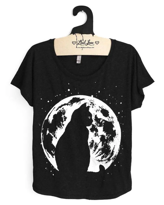 Mad Love Black Black Dolman Tee with Cat Moon Print
