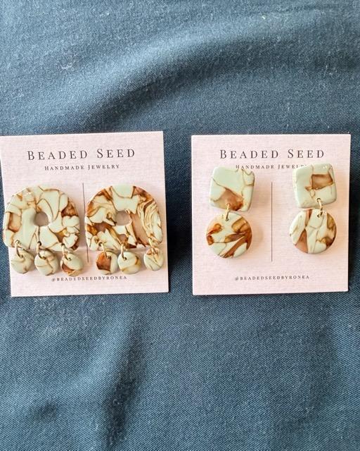 Beaded Seed by Ronea Mint & Brown Marble Stud Dangle Earrings