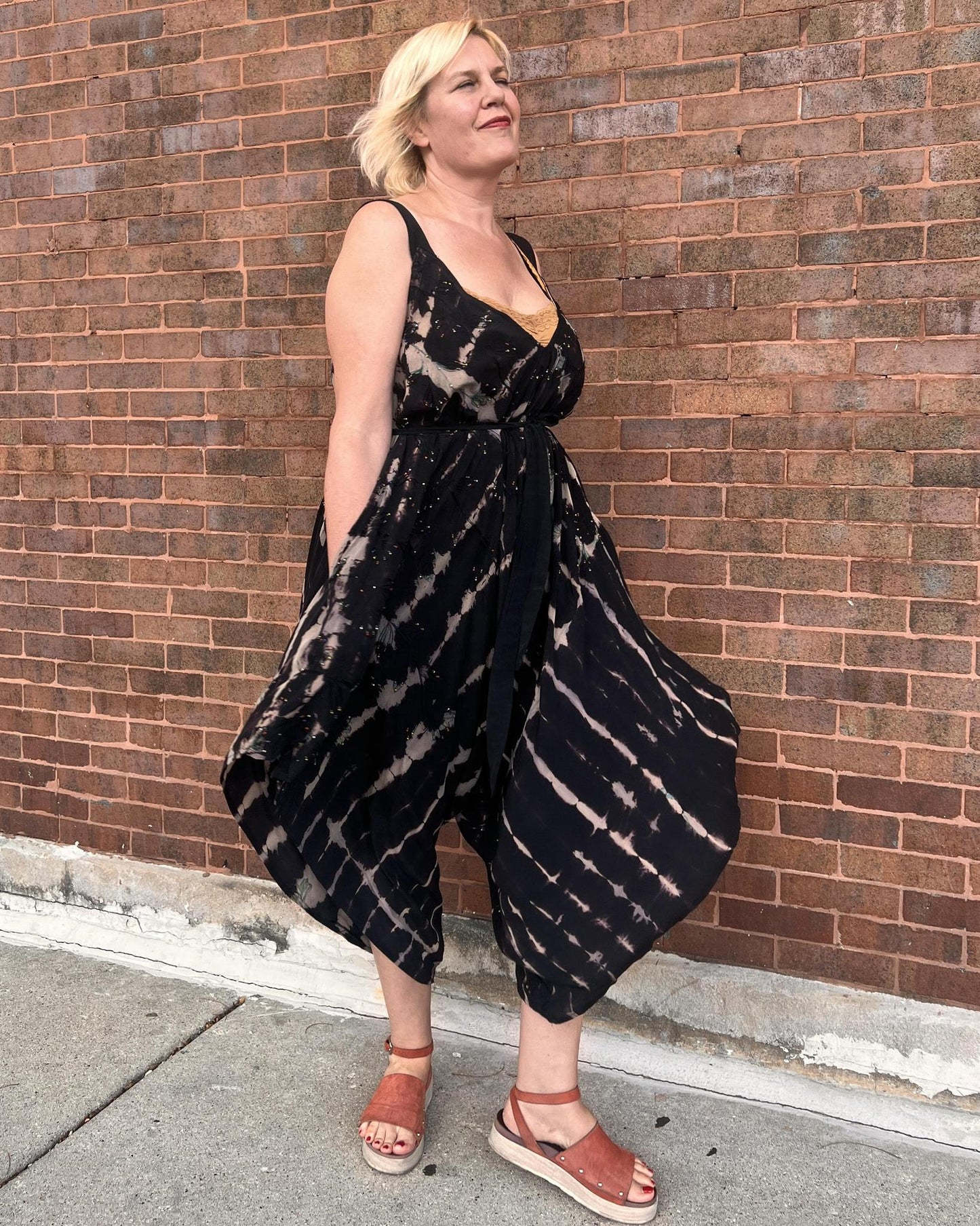 Indie Ella Zatanna Boho Silk Jumpsuit in Midnight Noir Tie-Dye