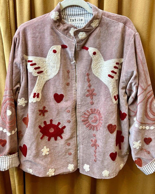Txtile Blush Pink Velvet Jacket with Embroidered Dove Design