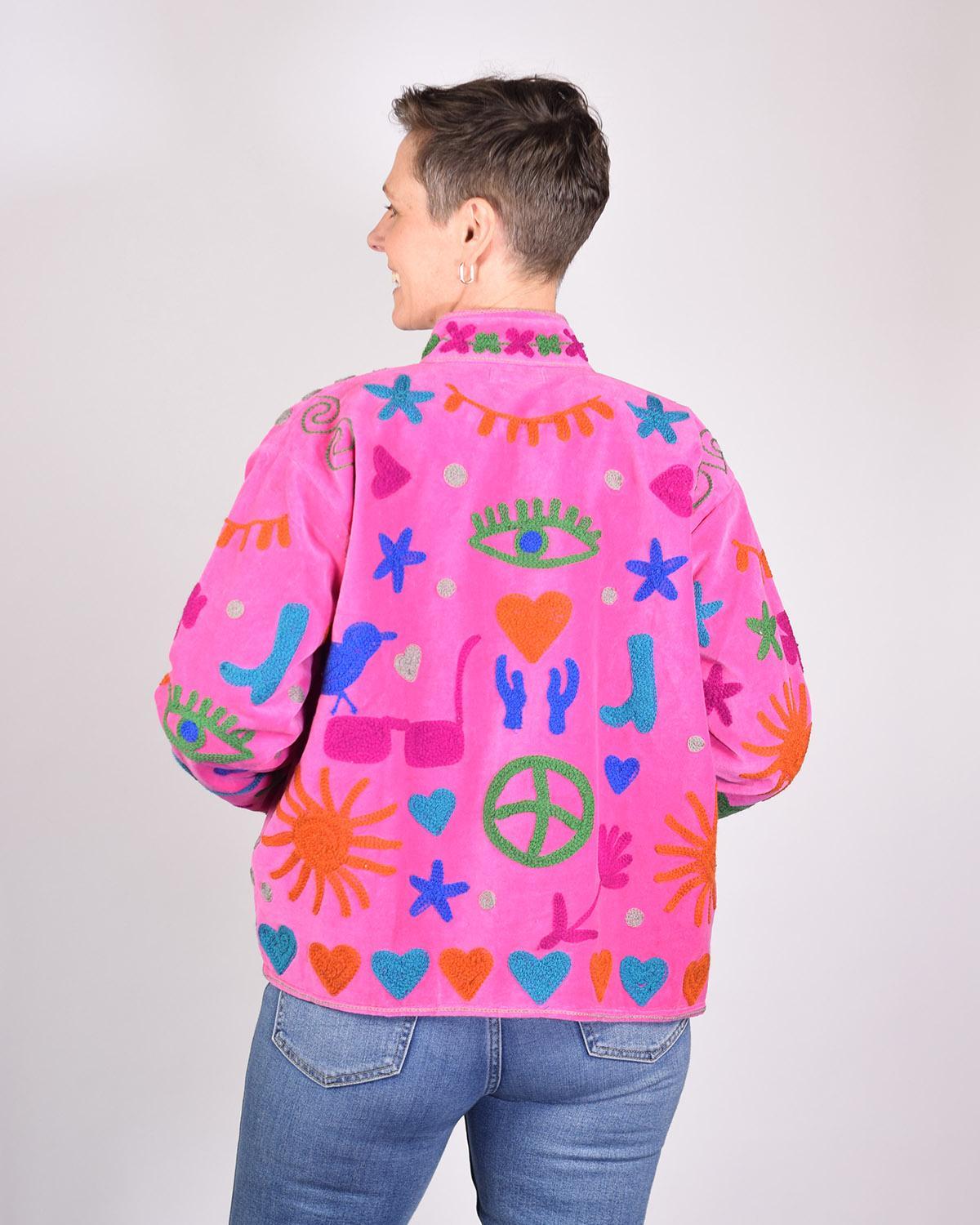 Txtile Hot Pink Velvet Jacket with Embroidered Peace, Evil Eye, Boots, Hearts Motif