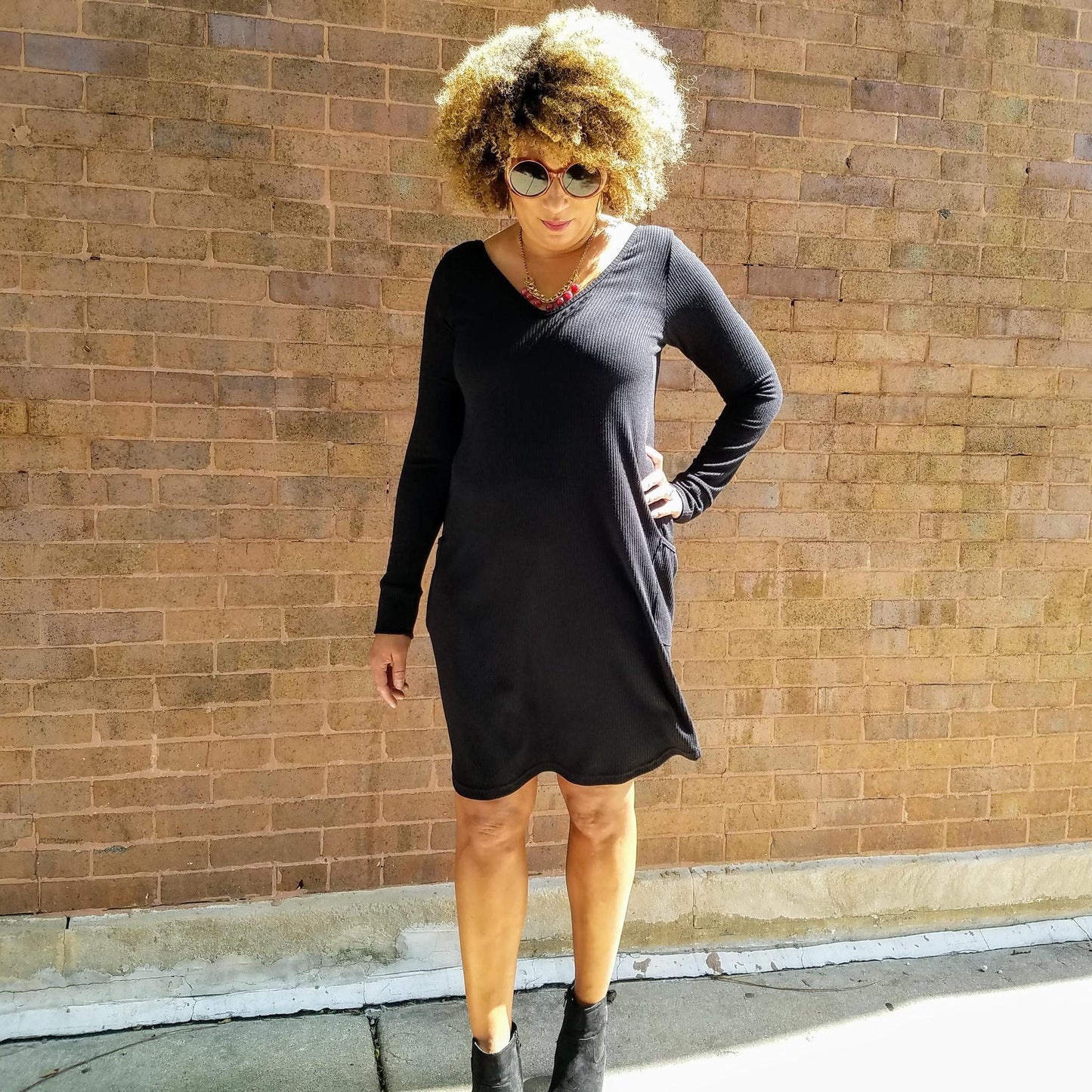 Squasht Long Sleeve Shift Dress V-neck/ Scoop Neck Black Rib - Size XS, Small - SALE