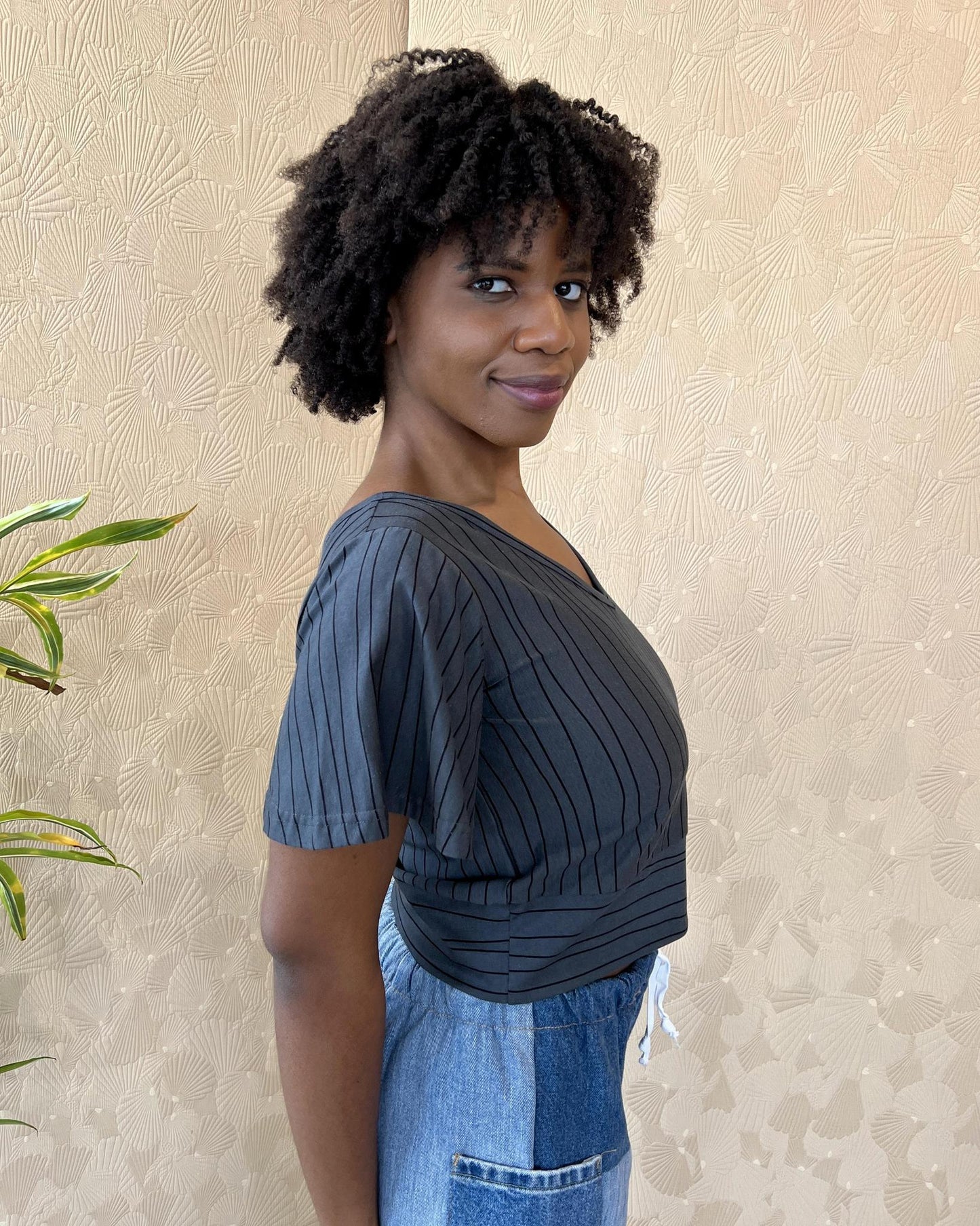 Squasht Bell Sleeve Ballet Top in Gray Lines Print
