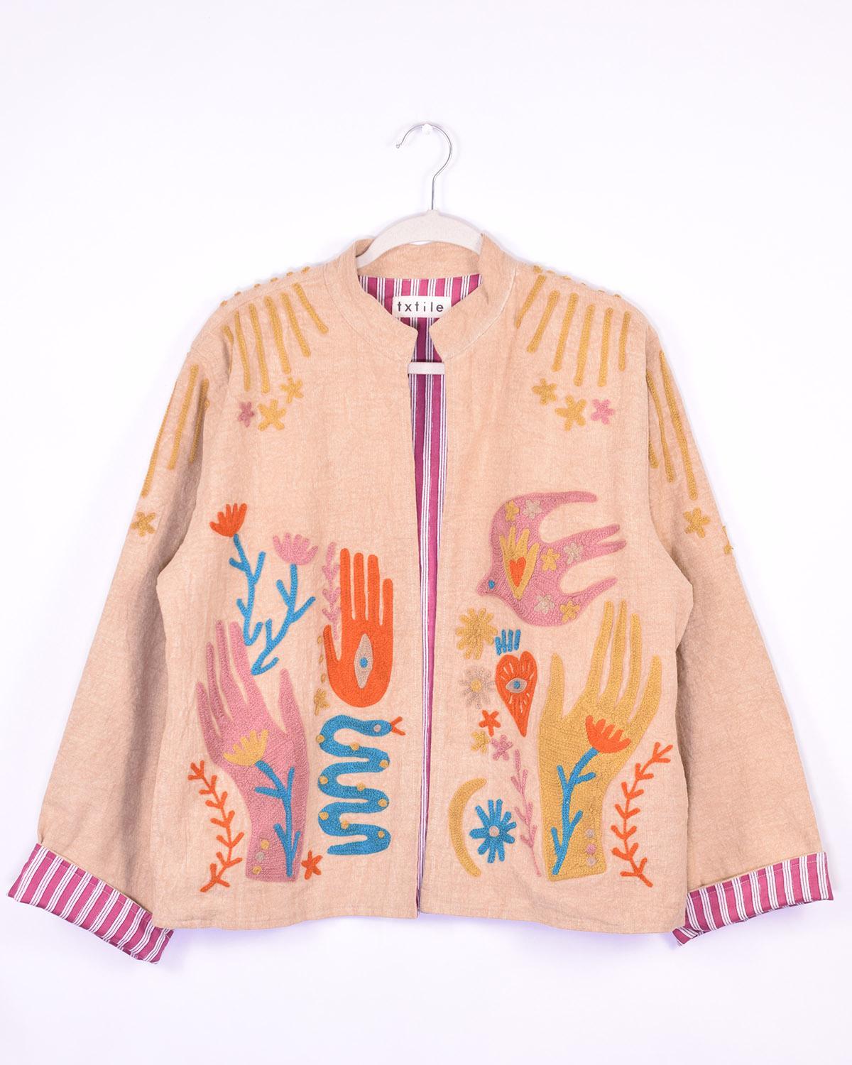Txtile Dusty Taupe Lightweight Peace and Love Motif Canvas Embroidered Jacket