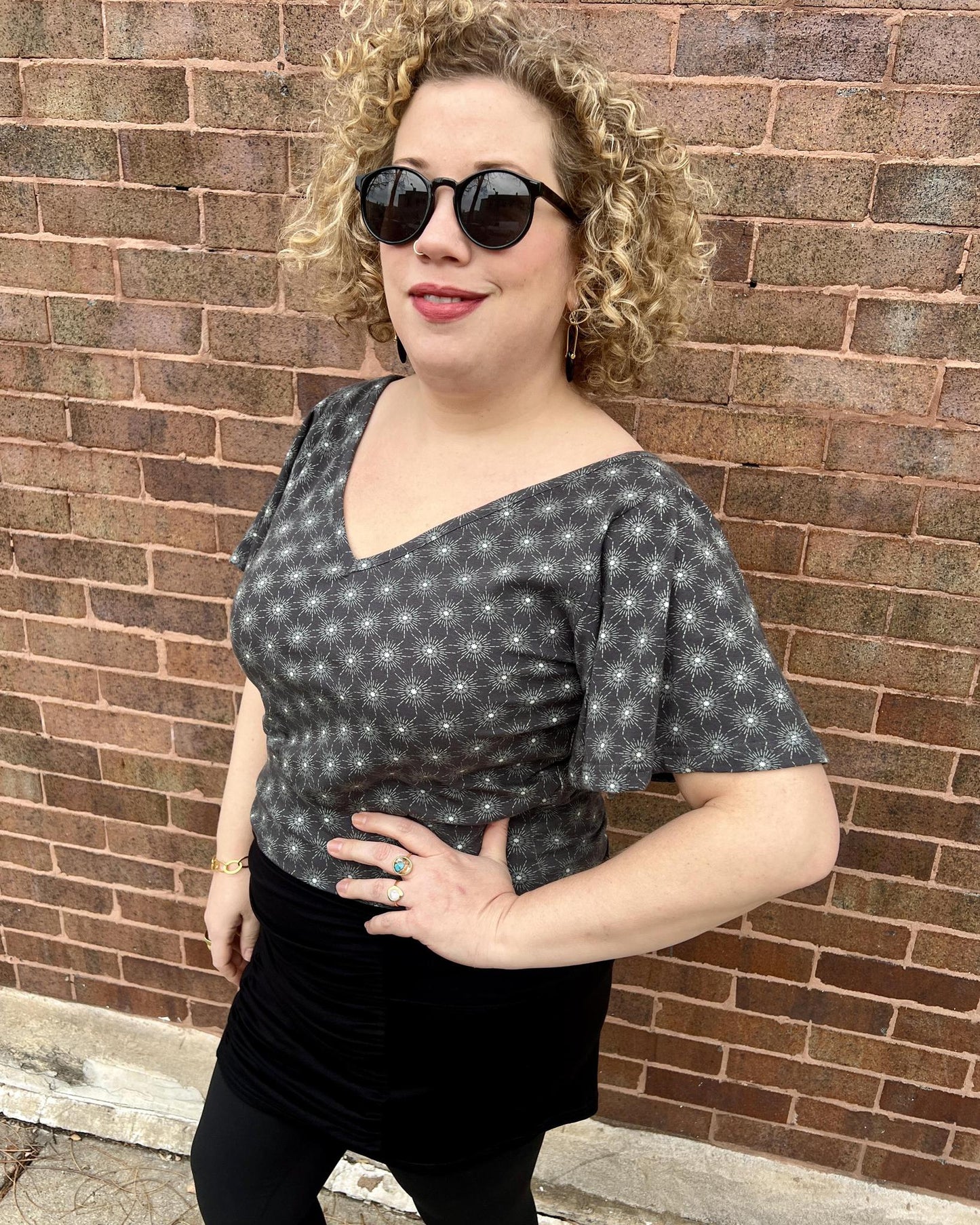 Squasht Bell Sleeve Ballet Top in Gray Starburst Print