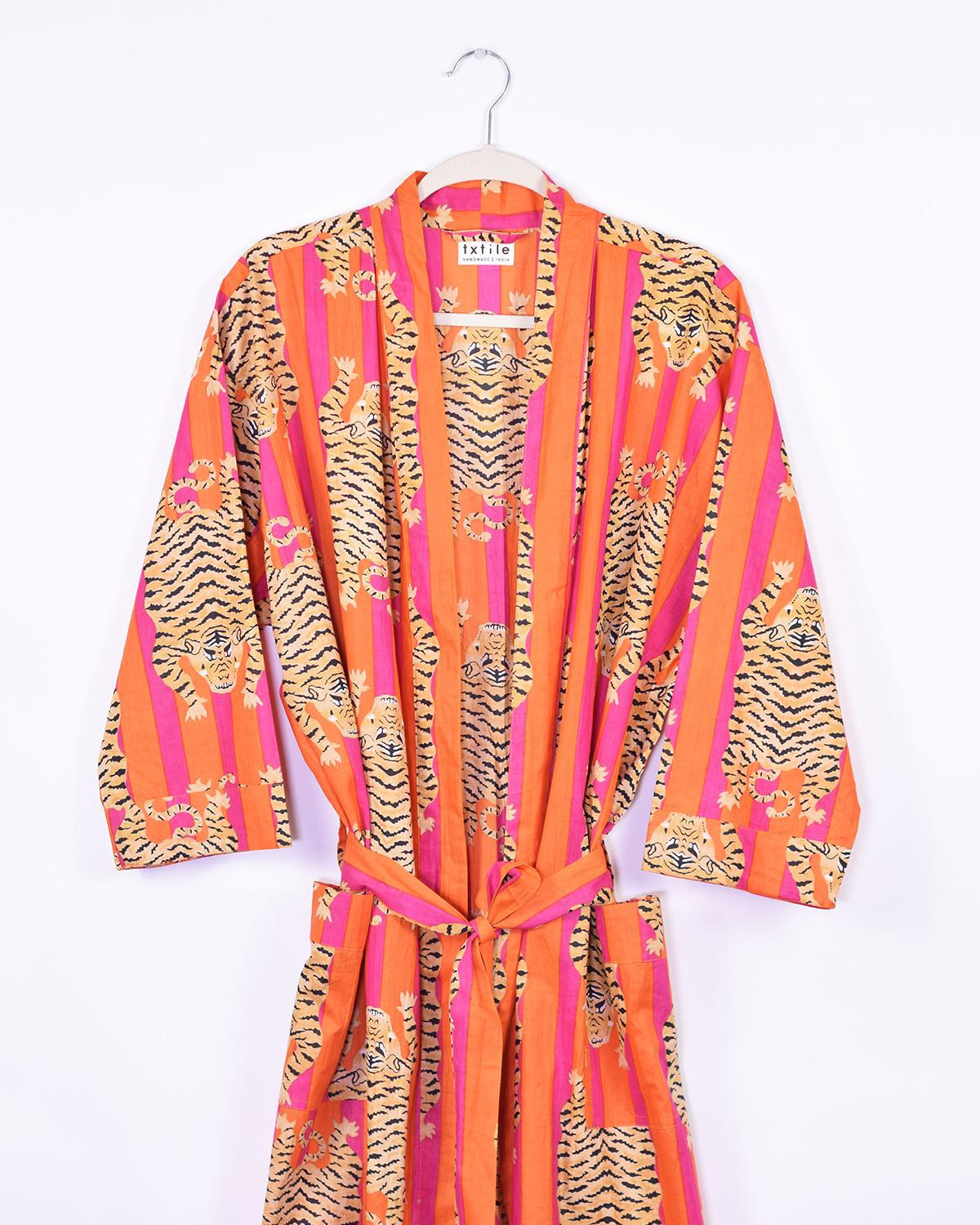 Txtile Lightweight Cotton Robe - Pink/Orange Tiger Print