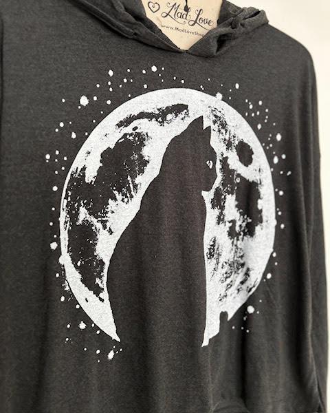 Mad Love Black Longsleeve Hooded Tee with Cat Moon