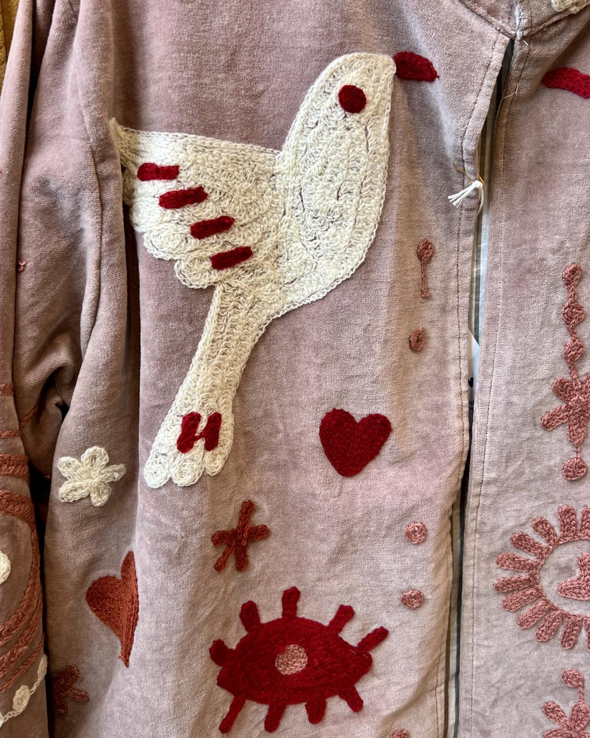 Txtile Blush Pink Velvet Jacket with Embroidered Dove Design