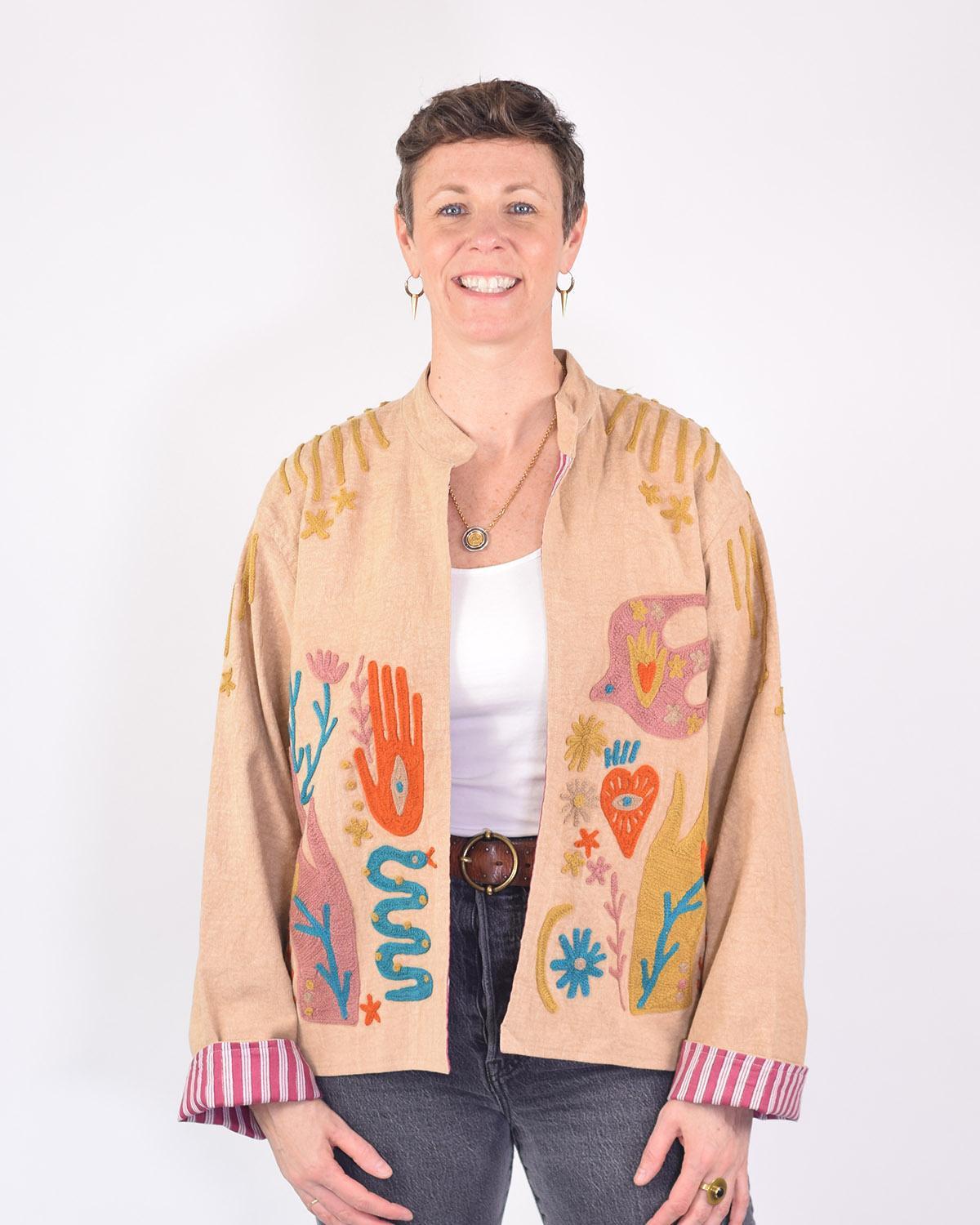 Txtile Dusty Taupe Lightweight Peace and Love Motif Canvas Embroidered Jacket