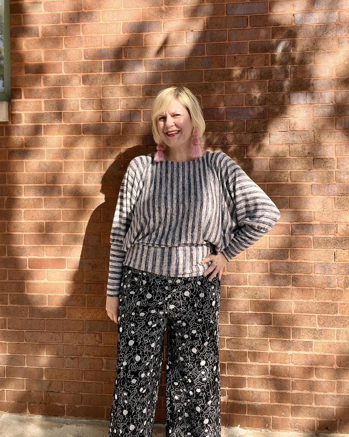 Squasht Batwing Sweater in Lightweight Light Gray and Blue Stripes