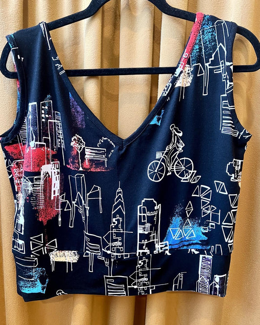 Squasht Sleeveless Ballet Top in Black with City Girl, Bike, and Dog Print