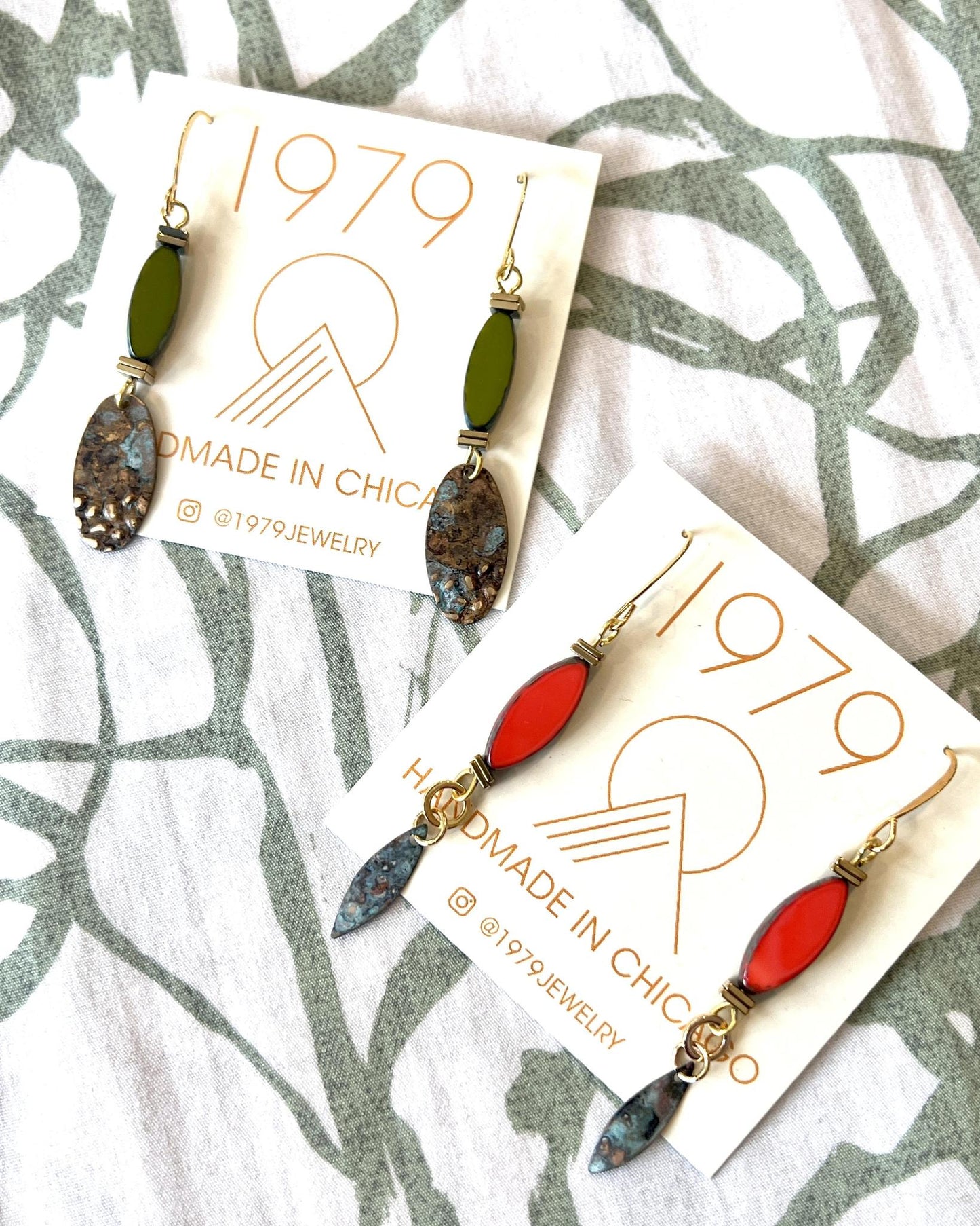 1979 Jewelry Brass Earrings Leaf Green and Verdigris Dangles