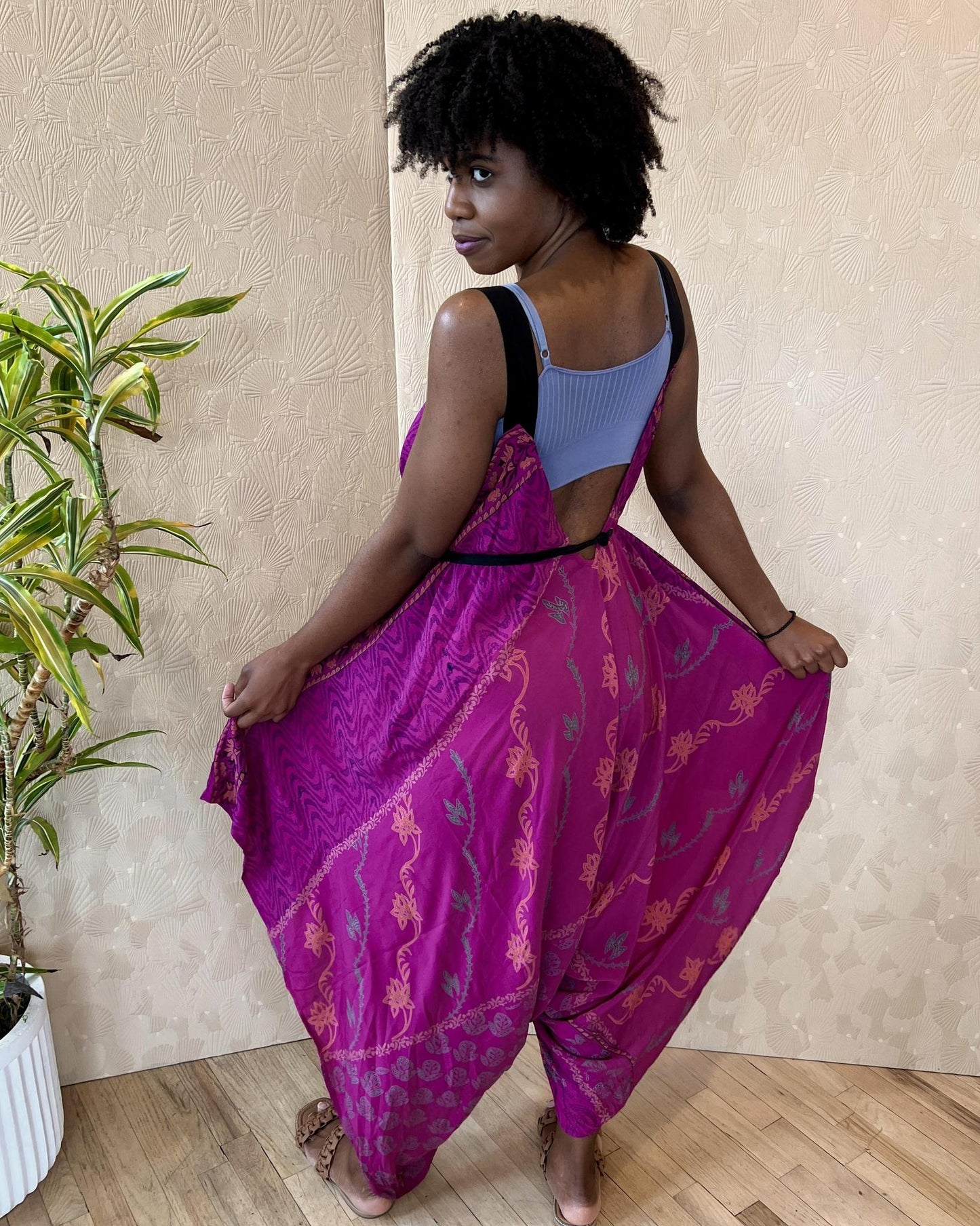 Indie Ella Zatanna Boho Silk Jumpsuit in Fuschia Flourish