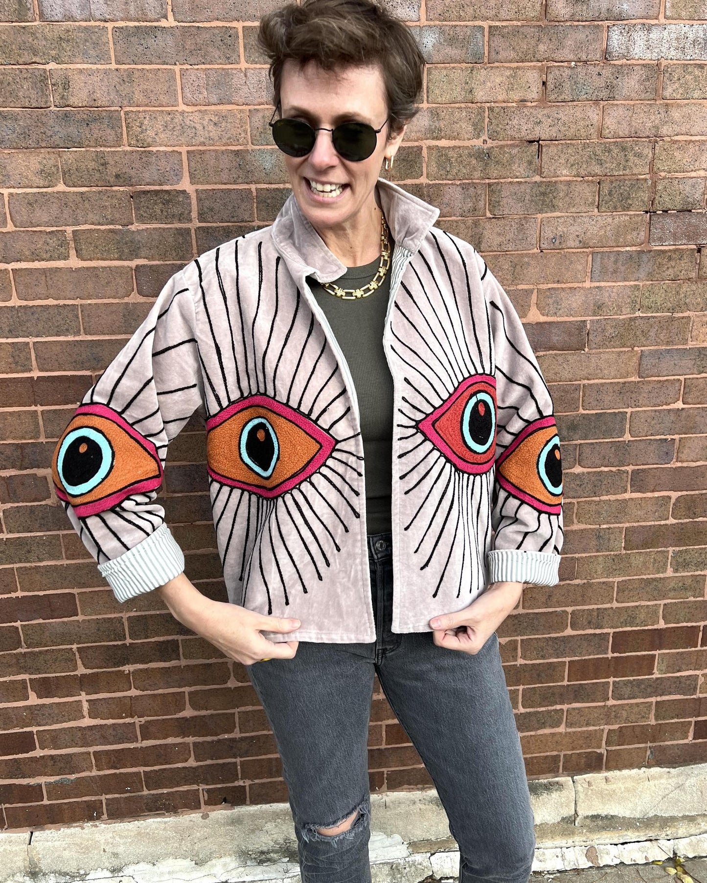 Txtile Velvet Evil Eye Jacket in Light Gray with Bright Eyes