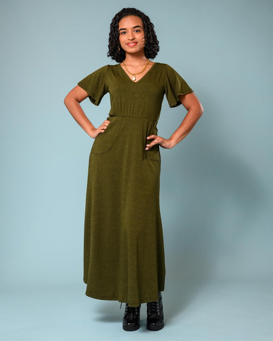 Squasht Lillia Sleeved Maxi Dress in Deep Olive Green