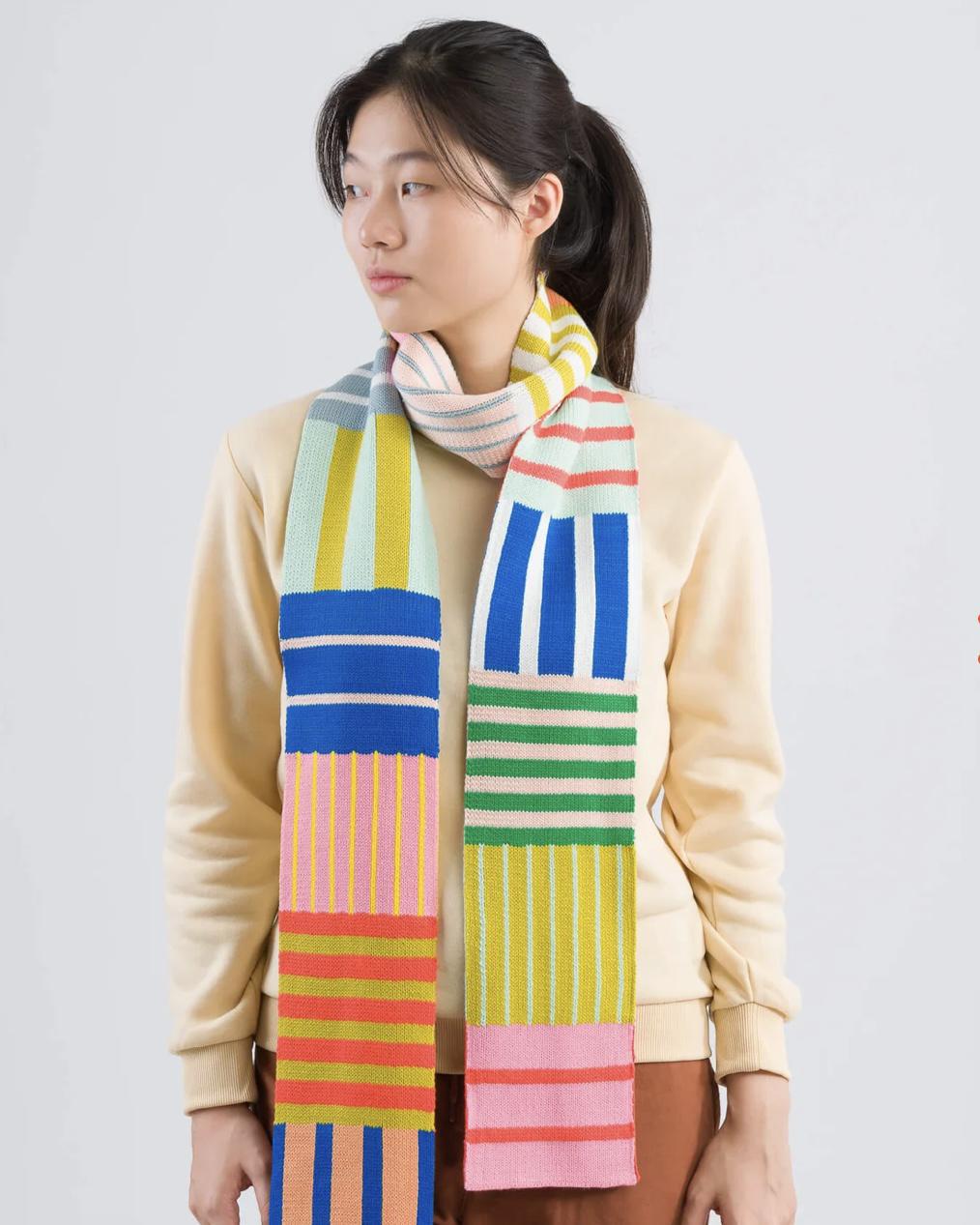 Verloop Patchwork Skinny Stripe Scarf in Rainbow in Rainbow