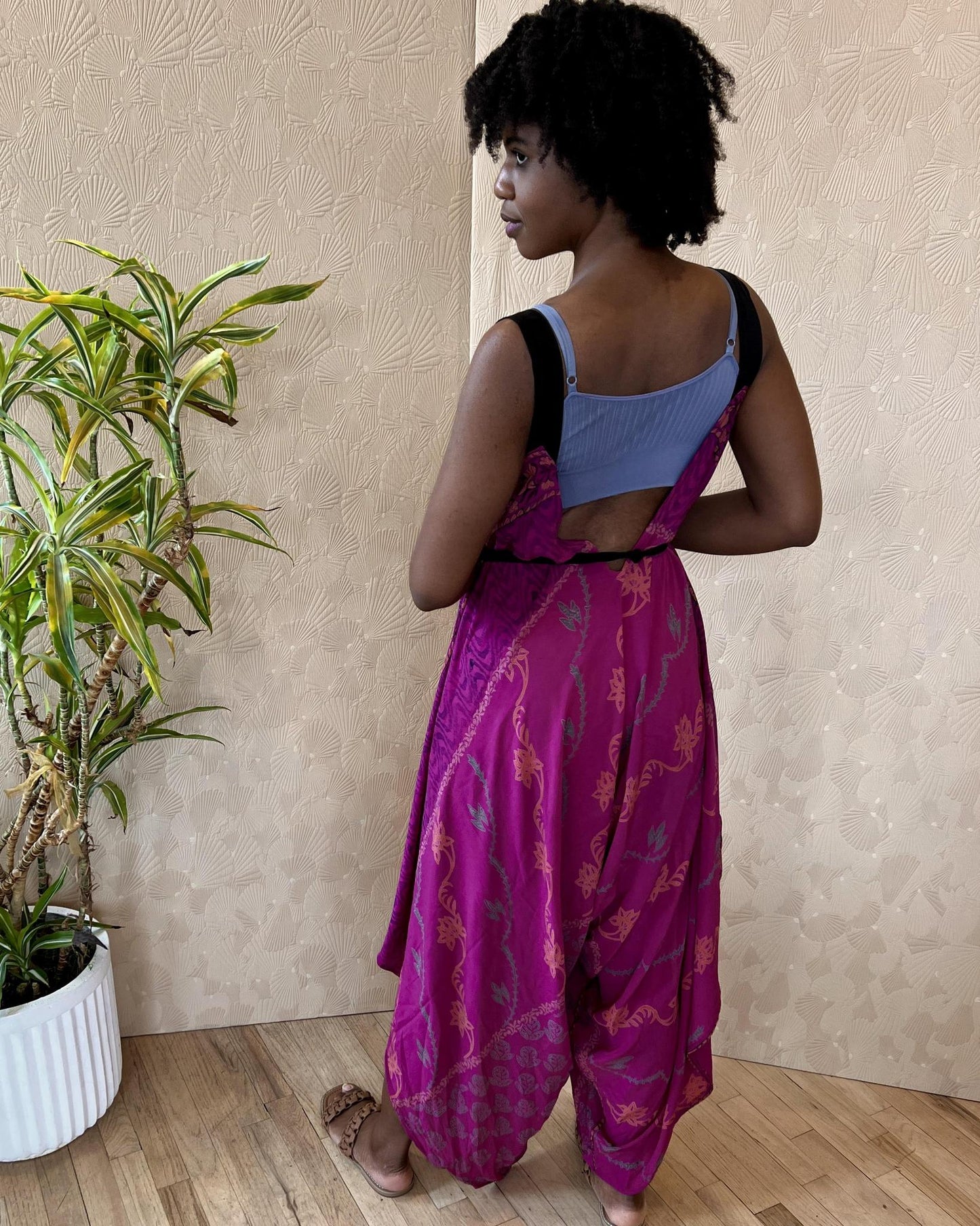 Indie Ella Zatanna Boho Silk Jumpsuit in Fuschia Flourish