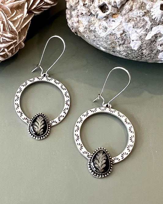Pajaro Negro Fern Ornate Hoop Earrings