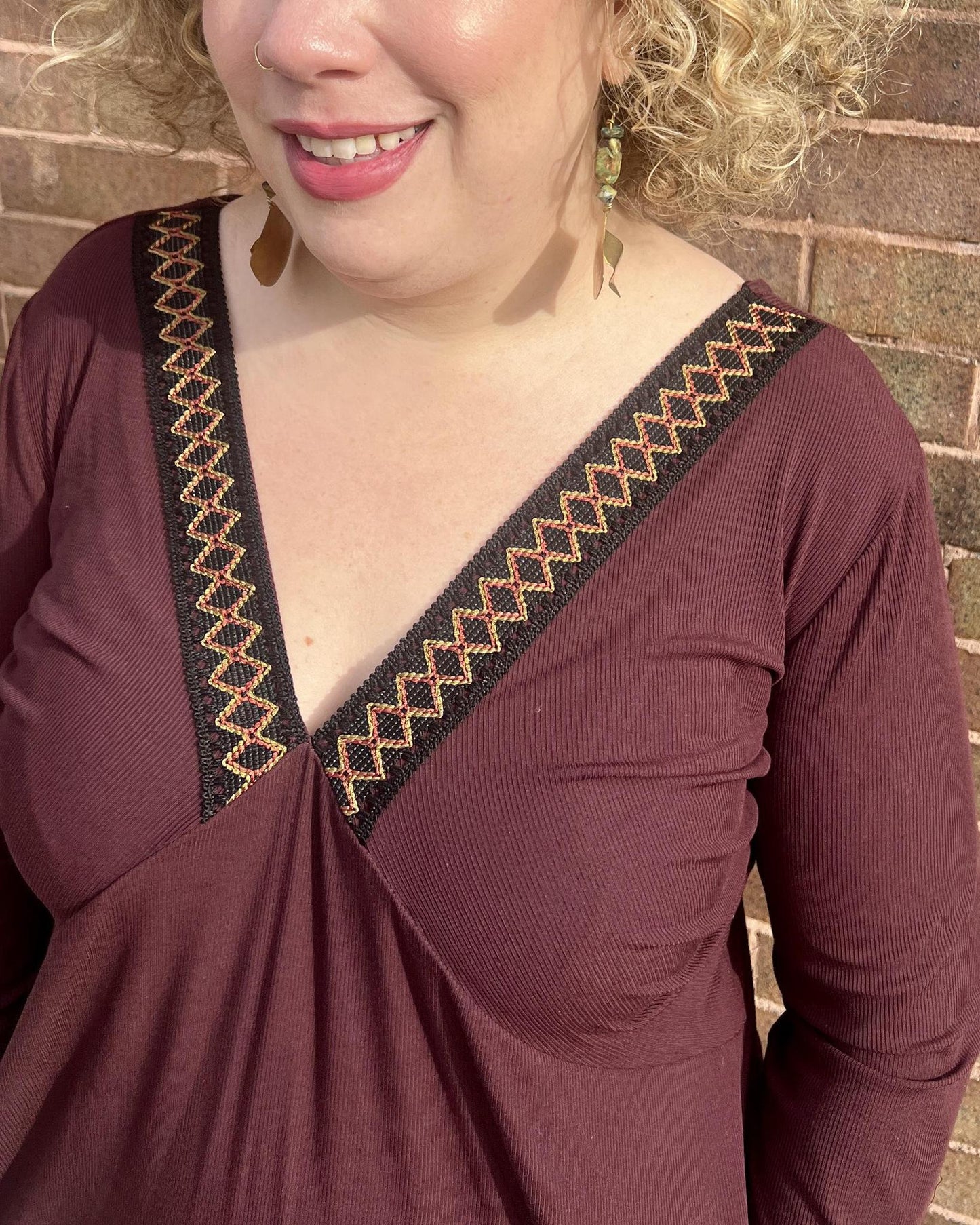 Squasht Drea Draped Dress in Cranberry with Black & Cranberry Vintage Trim