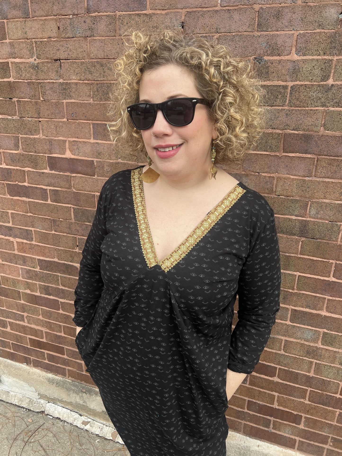 Squasht Drea Draped Dress in Dreamy Eyes Print with Avocado Vintage Trim