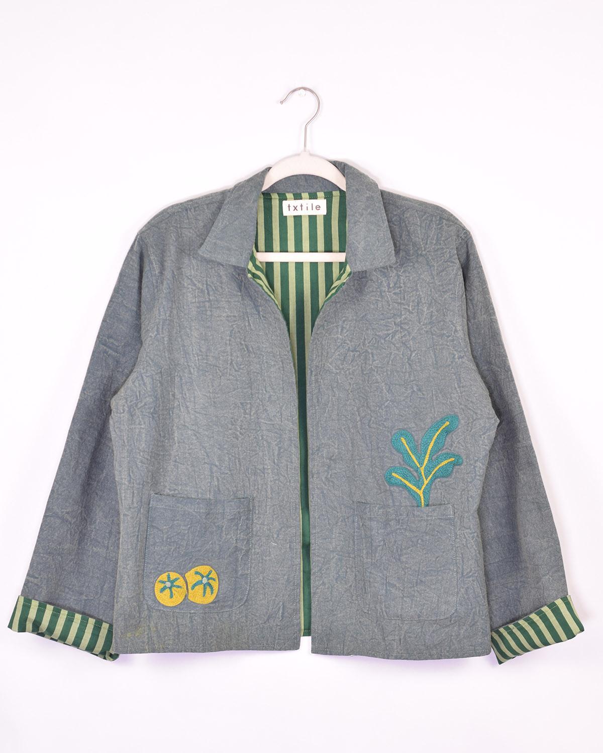 Txtile Dusty Teal Lightweight Garden Motif Canvas Embroidered Jacket