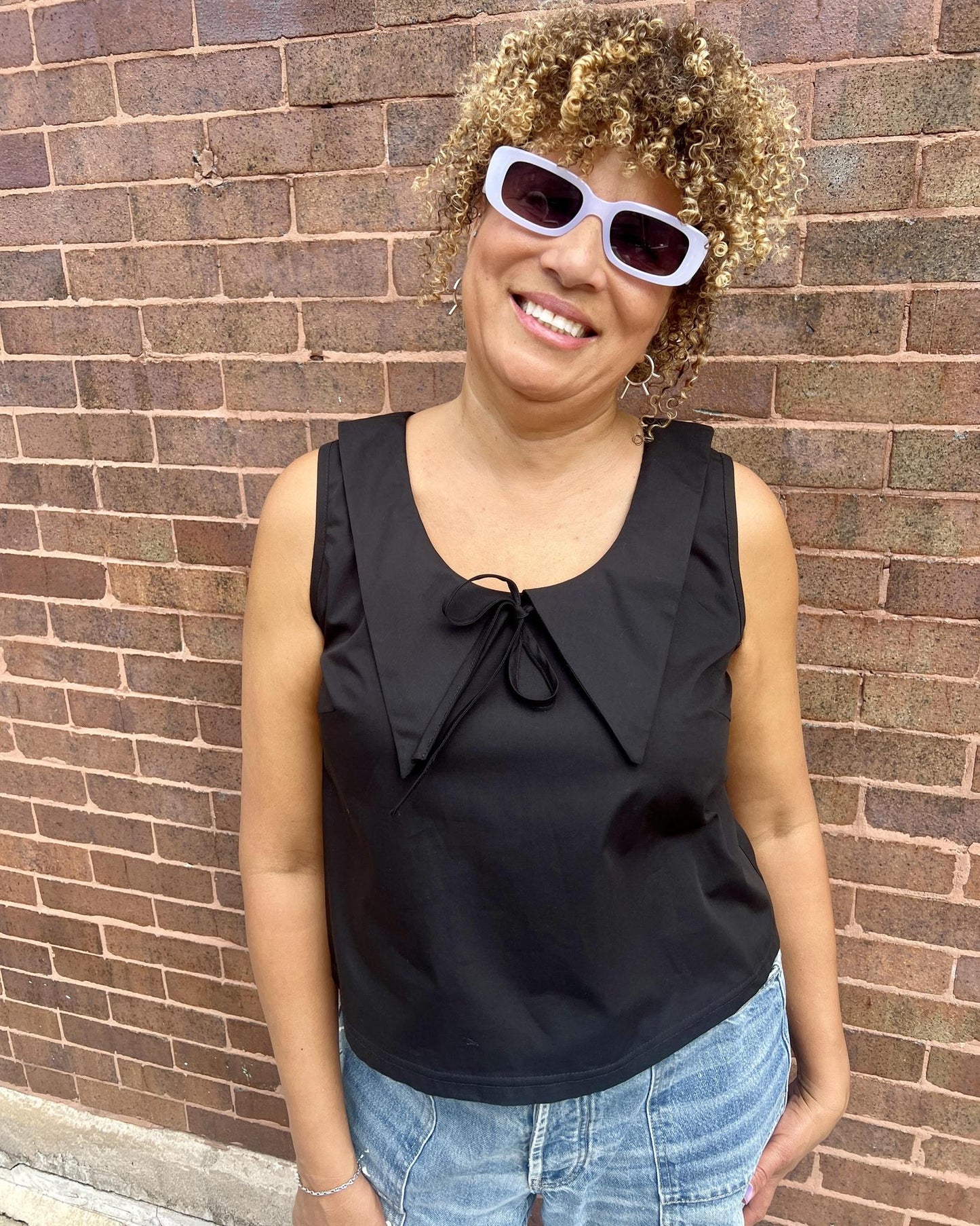 Squasht 70s Collared Tank in Solid Black with Collar & Bow