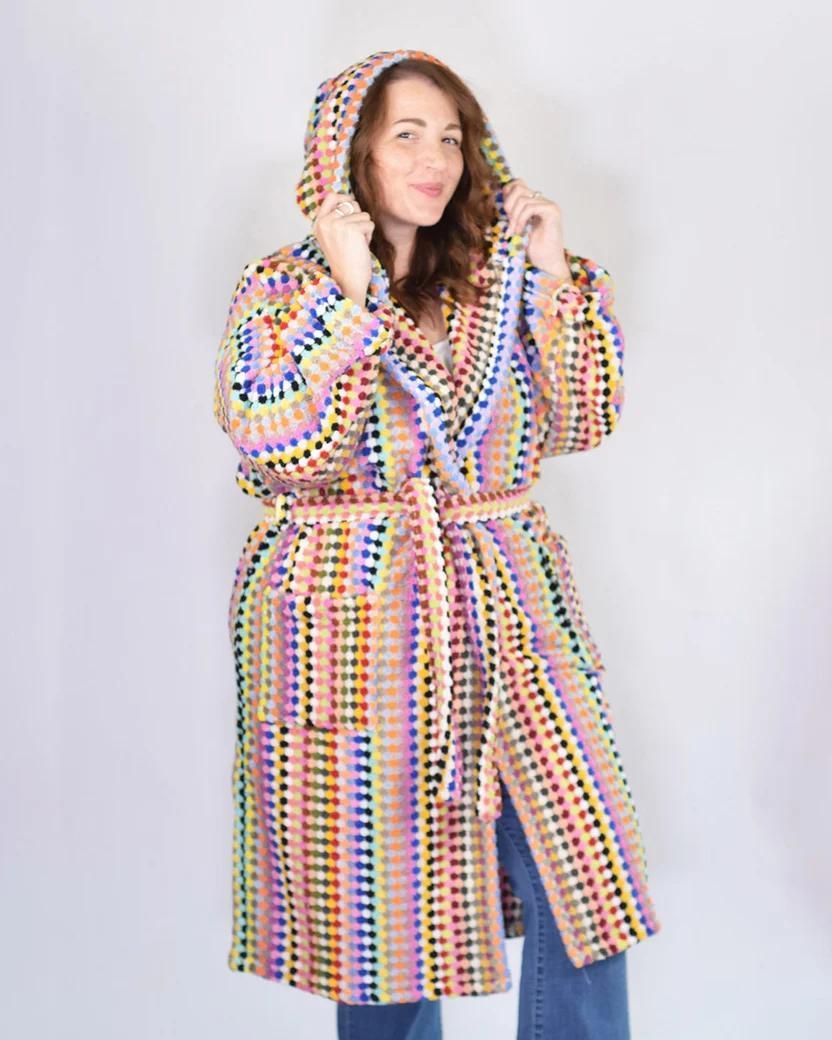 Txtile Turkish Cotton Plush Hooded Terry Cloth Robe - Rainbow Checkers