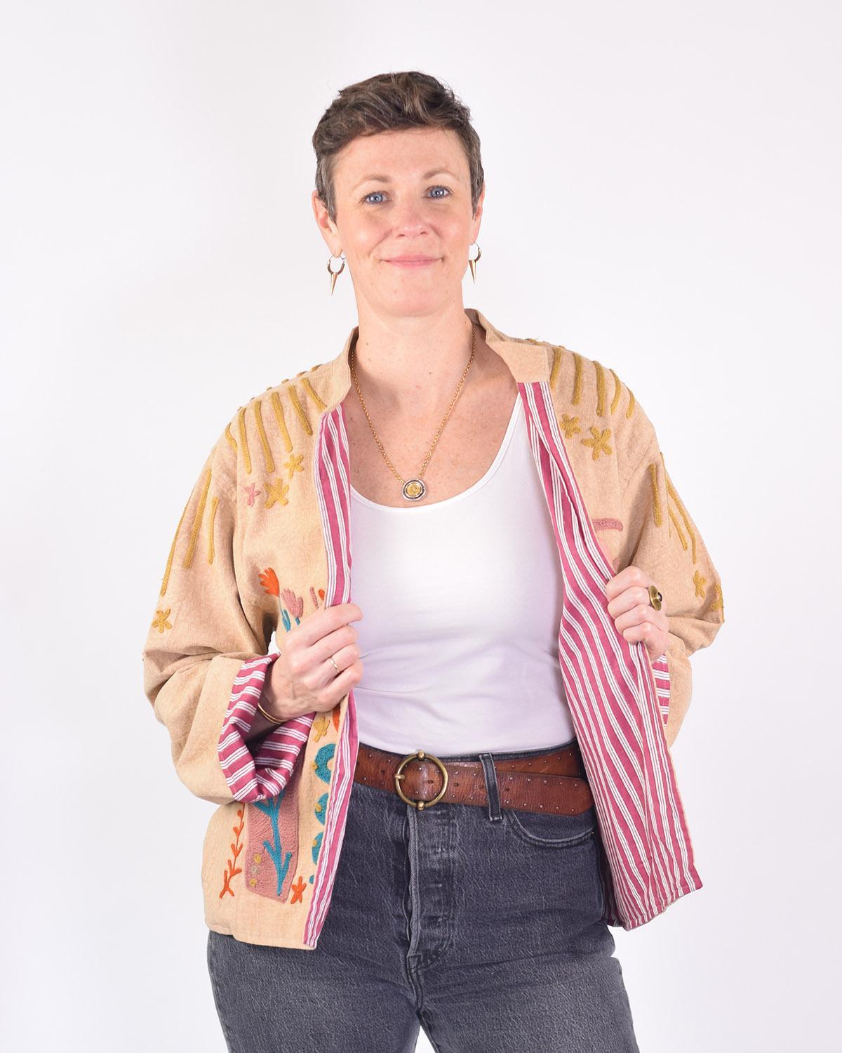 Txtile Dusty Taupe Lightweight Peace and Love Motif Canvas Embroidered Jacket