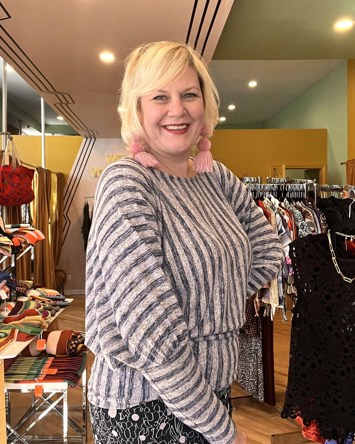 Squasht Batwing Sweater in Lightweight Light Gray and Blue Stripes