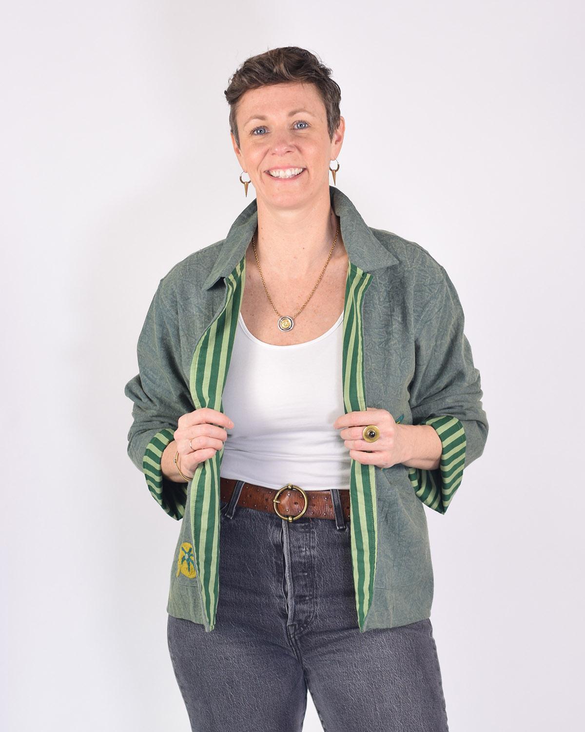 Txtile Dusty Teal Lightweight Garden Motif Canvas Embroidered Jacket