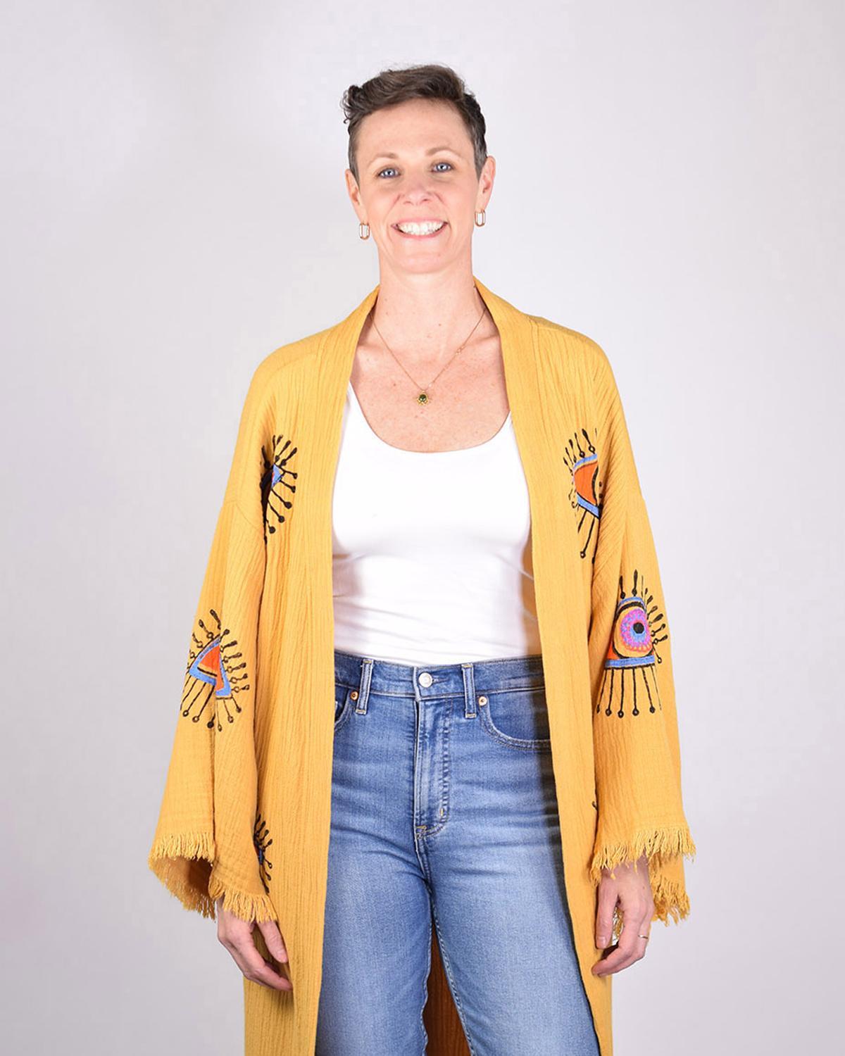 Txtile Luxury Turkish Cotton Evil Eye Kimono/Robe - Yellow Ochre