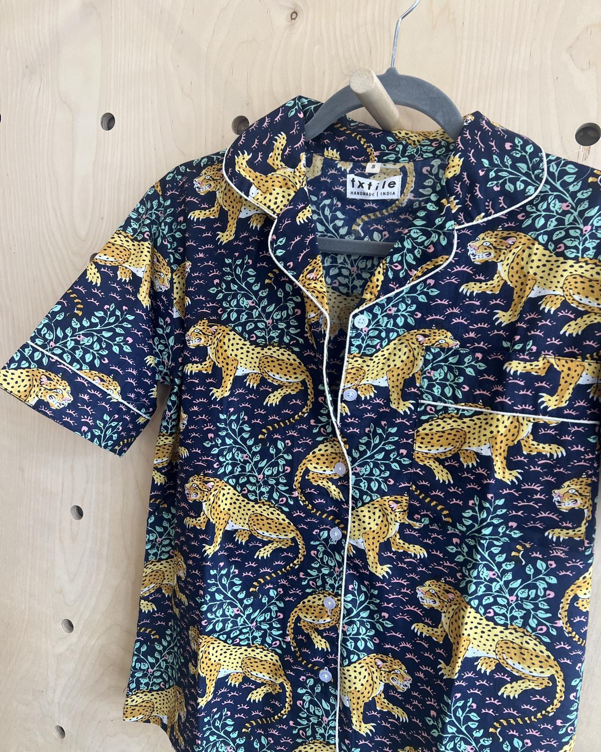 Txtile Button Up Shirt - Pajama Style - Fierce Leopard Print on Navy Background - SALE