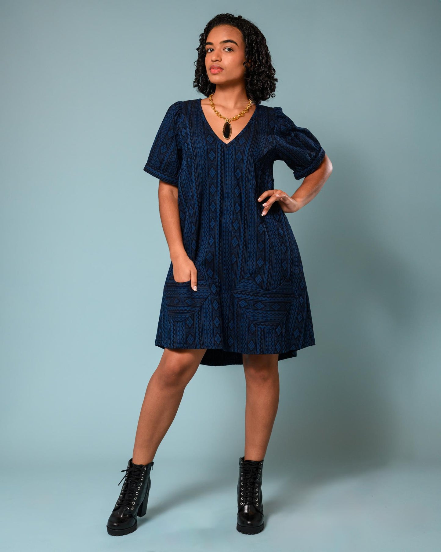 Squasht Winifred Dress Blue & Black Geo Print