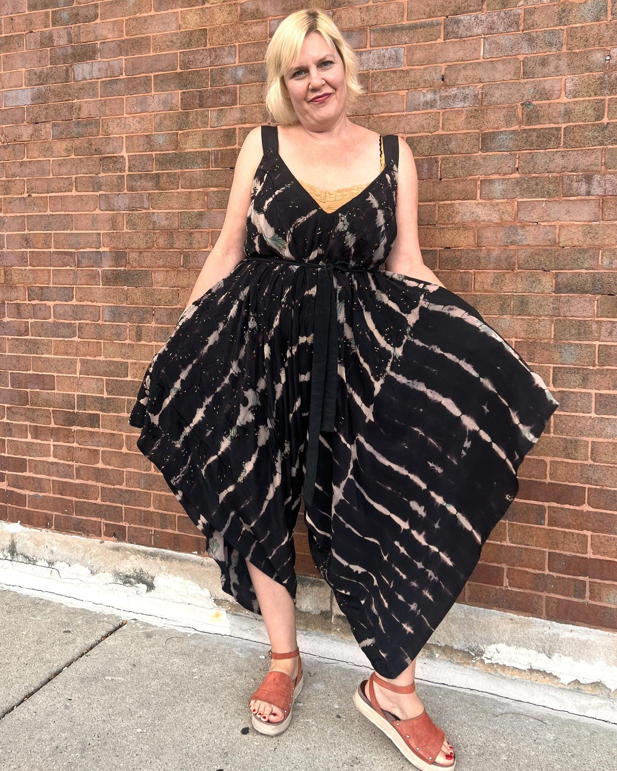 Indie Ella Zatanna Boho Silk Jumpsuit in Midnight Noir Tie-Dye