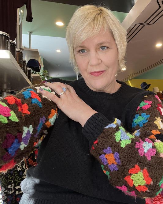 American Recycled Clothing - Crocheted Sleeve Knit Sweater - Black with Multi Color Granny Square Sleeves