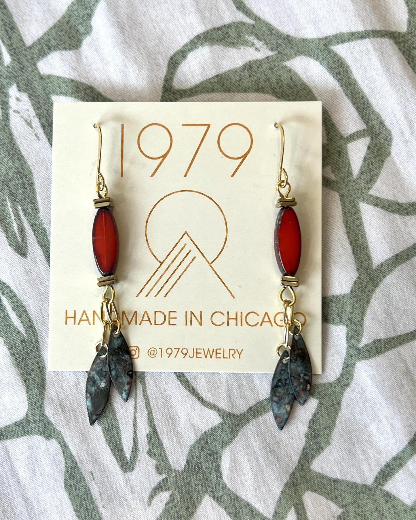 1979 Jewelry Brass Earrings Hot Red Ovals with Verdigris Double Dangles