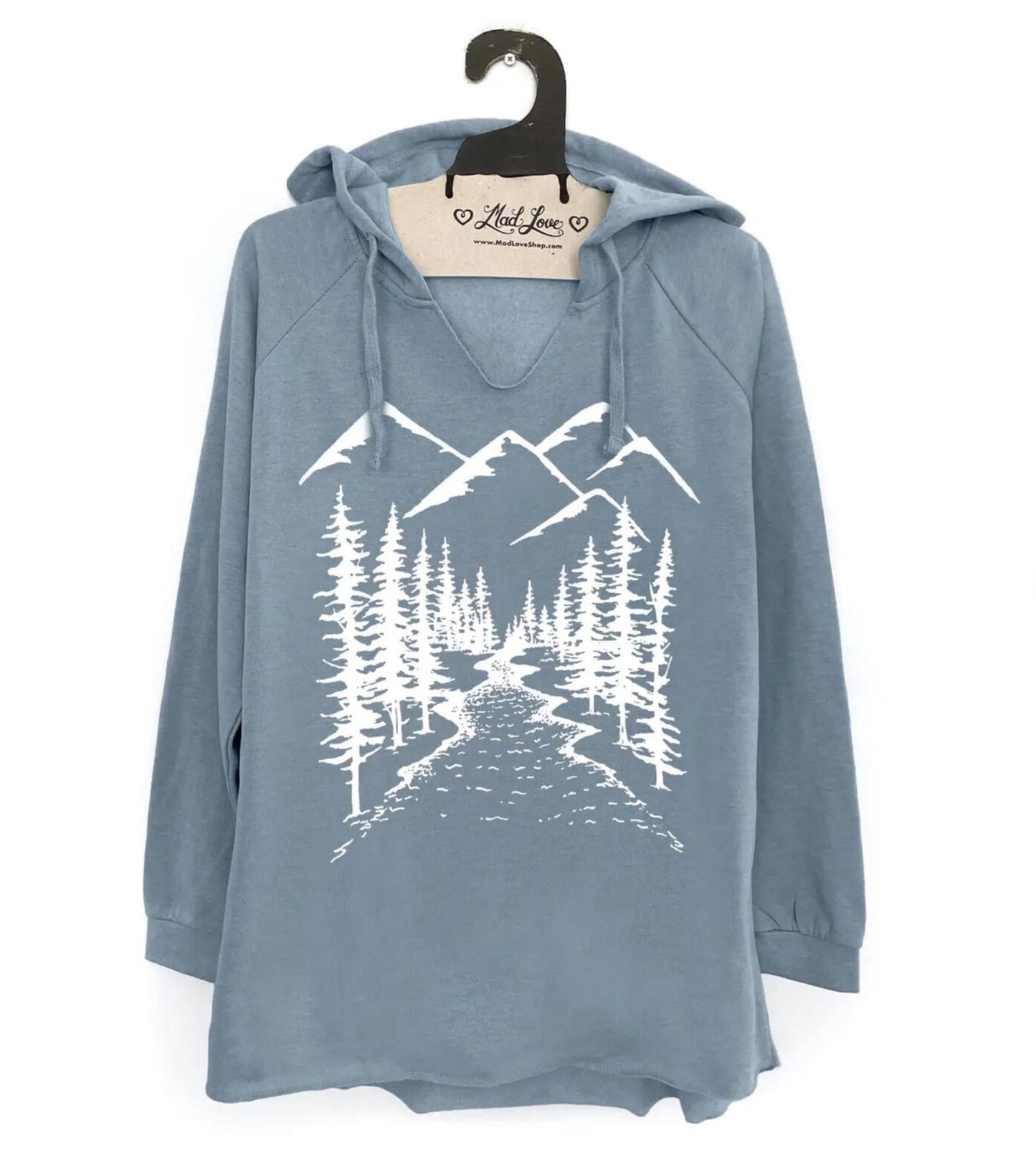 Mad Love Heather Blue Hooded V-Notch Sweatshirt with Mountains - size Large