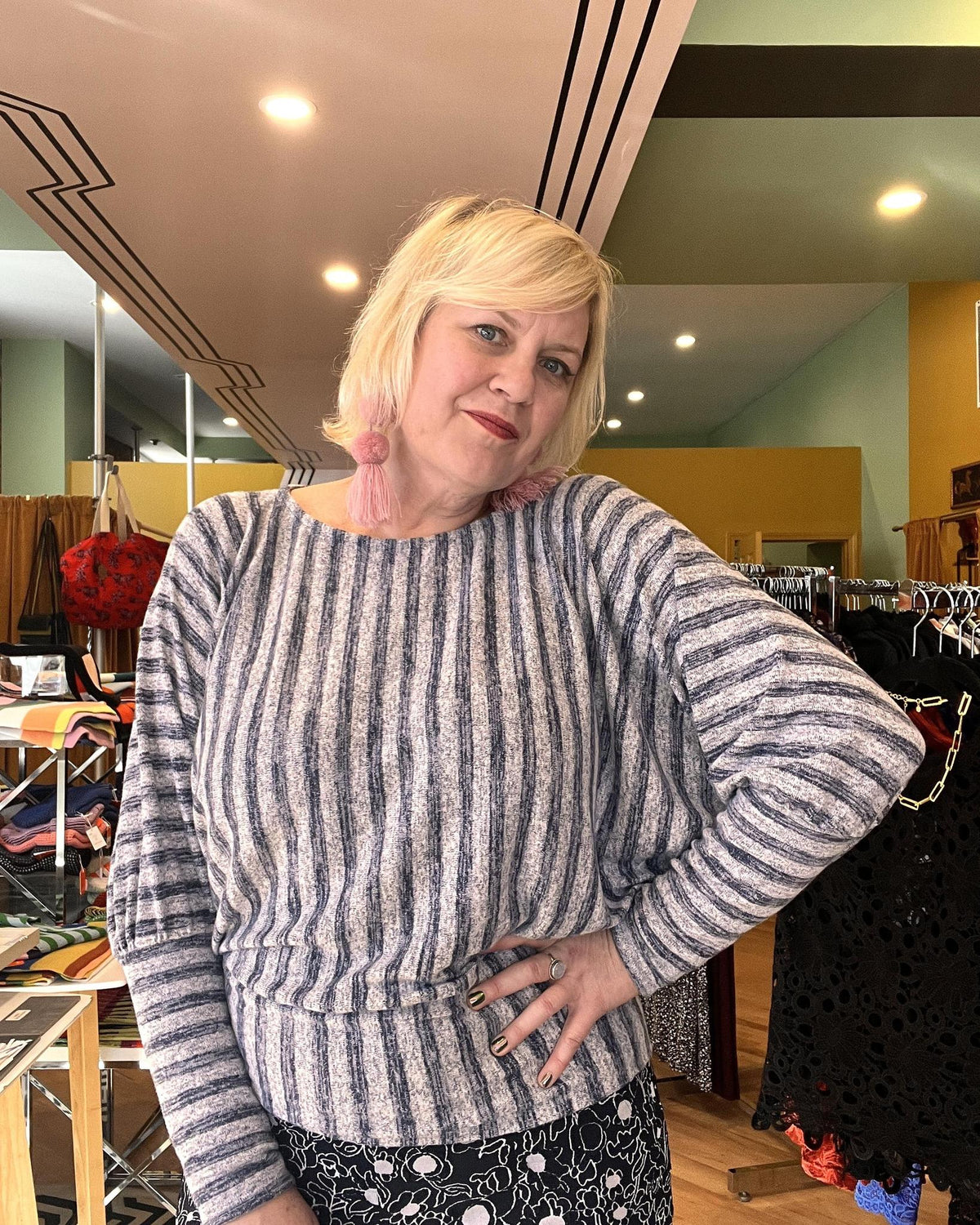 Squasht Batwing Sweater in Lightweight Light Gray and Blue Stripes